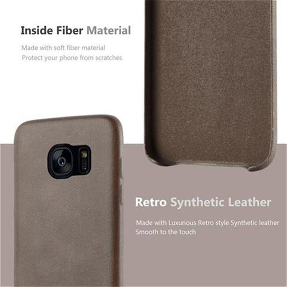 Primo piano di una custodia per telefono con descrizioni 'Inside Fiber Material' e 'Retro Synthetic Leather'.