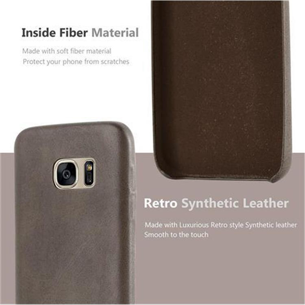 Vista ravvicinata di una custodia per telefono marrone e di un telefono che mostra fotocamera e flash con retro marrone.
