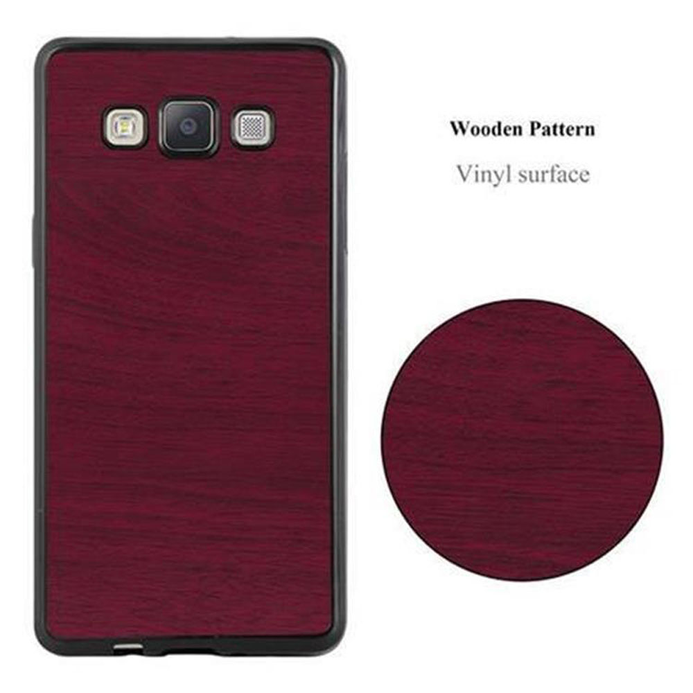 Eine rote Holzmuster-Handyhülle und ein roter Kreis.