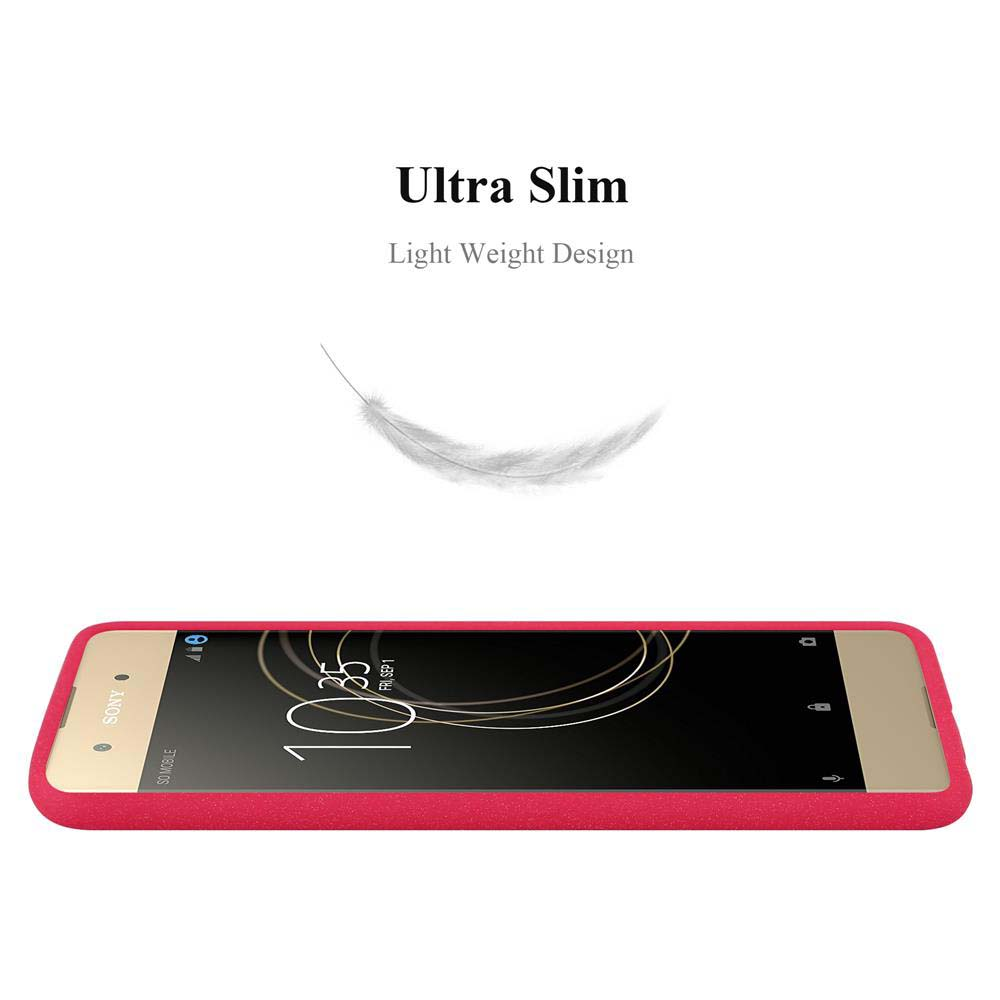 Telefono rosso con cornice dorata. Testo bianco: Ultra Slim, Light Weight Design. Piuma bianca. Schermo nero con orario.
