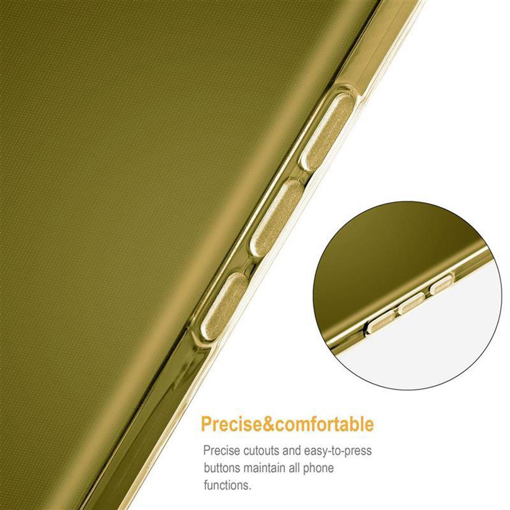 Una custodia per telefono di colore oro. I pulsanti laterali sono visibili. Ritagli precisi e pulsanti facili da premere.