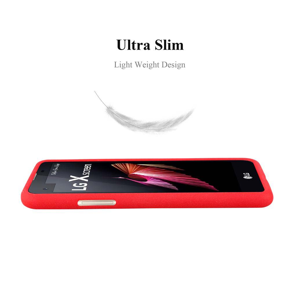 Custodia rossa con design LG X screen. Testo: Ultra Slim e Light Weight Design.