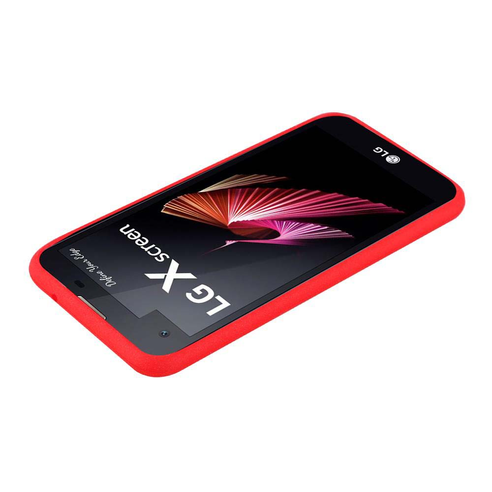 Custodia rossa su telefono. Testo: LG X Screen. Telefono angolato.