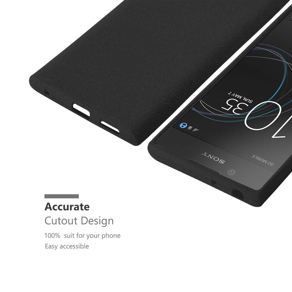 Telefono e custodia neri con testo 'Accurate Cutout Design' e info telefono.