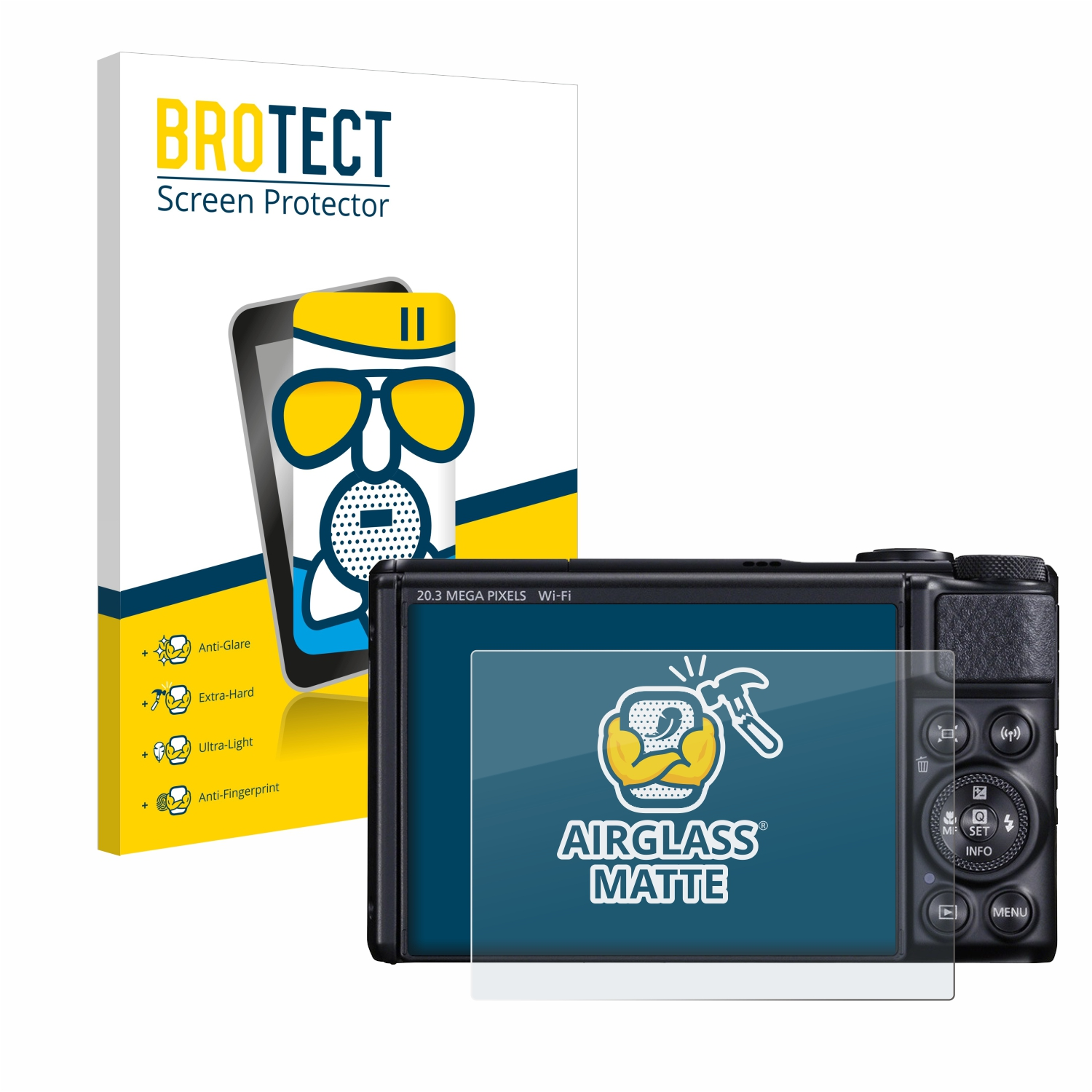 Eine Displayschutzfolie auf einer Kamera mit einer Box. Auf der Box steht 'BROTECT Screen Protector'.
