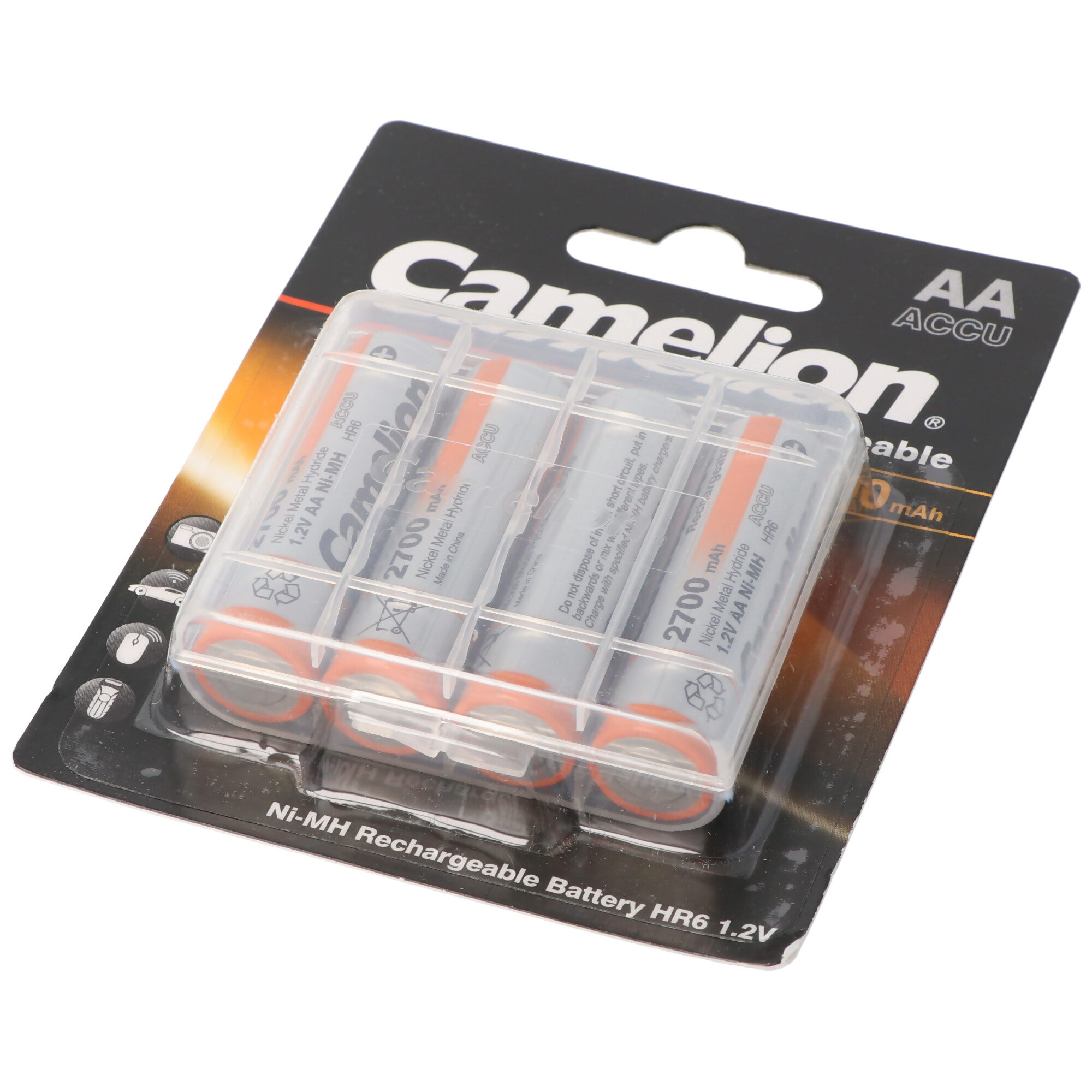 Vier AA-Batterien in einer Plastikhülle. Text: Camelion, AA Accu. Ni-MH Akku.