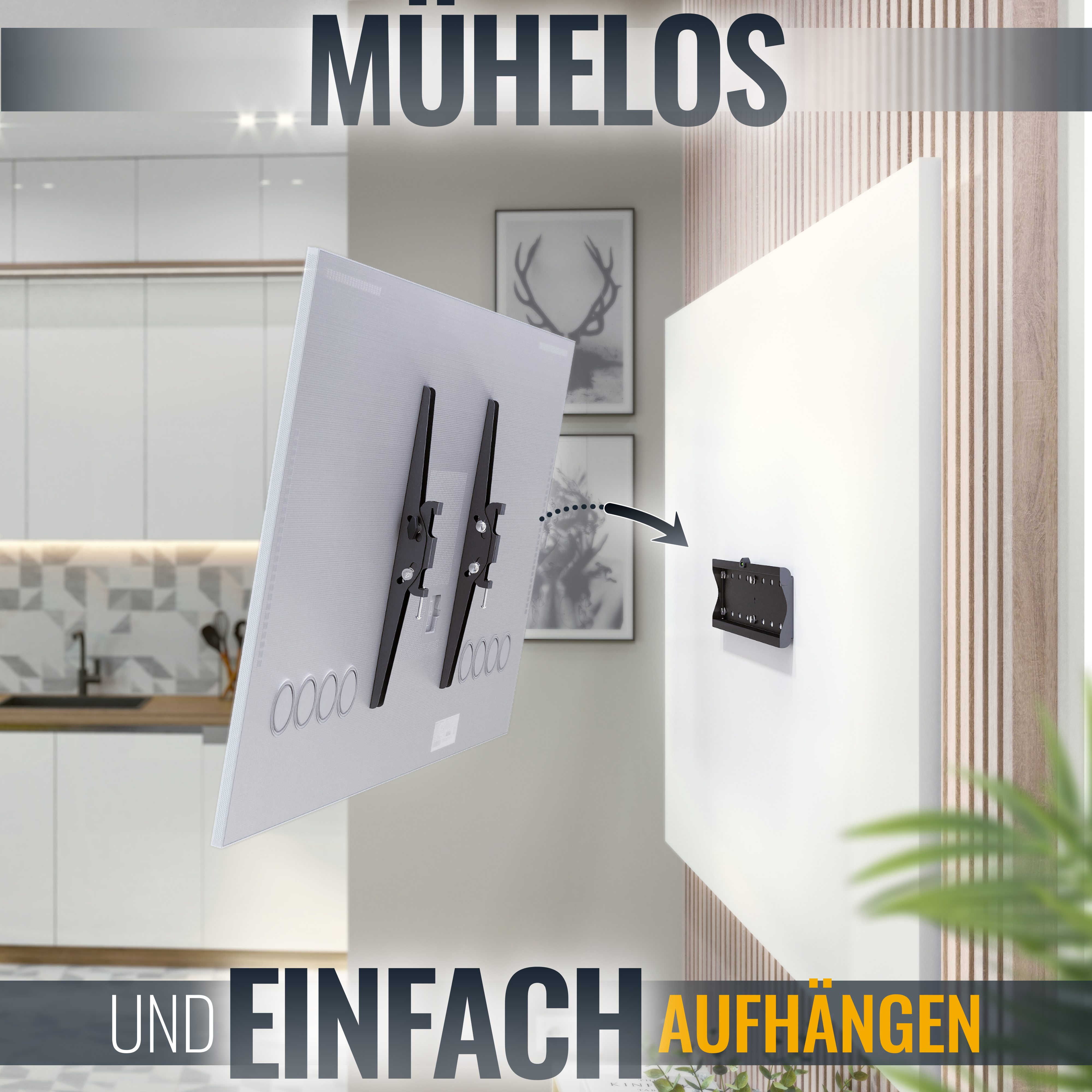 Fernseher an der Wand montiert mit einer Wandhalterung. Text: 'Mühelos und einfach aufhängen'.