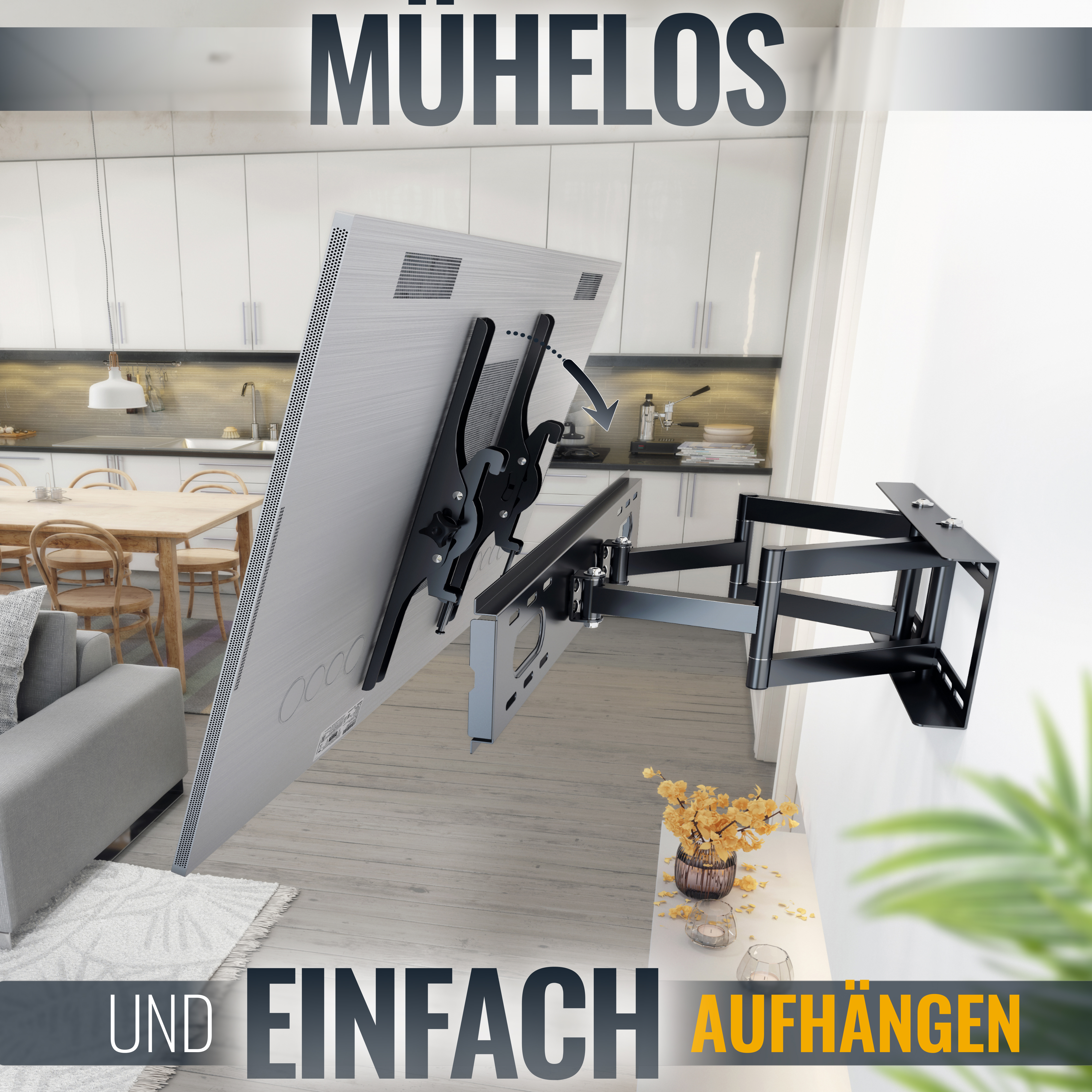 Ein großer Fernseher an der Wand montiert, mit deutschem Text über das Aufhängen. Der Fernseher ist zentriert.