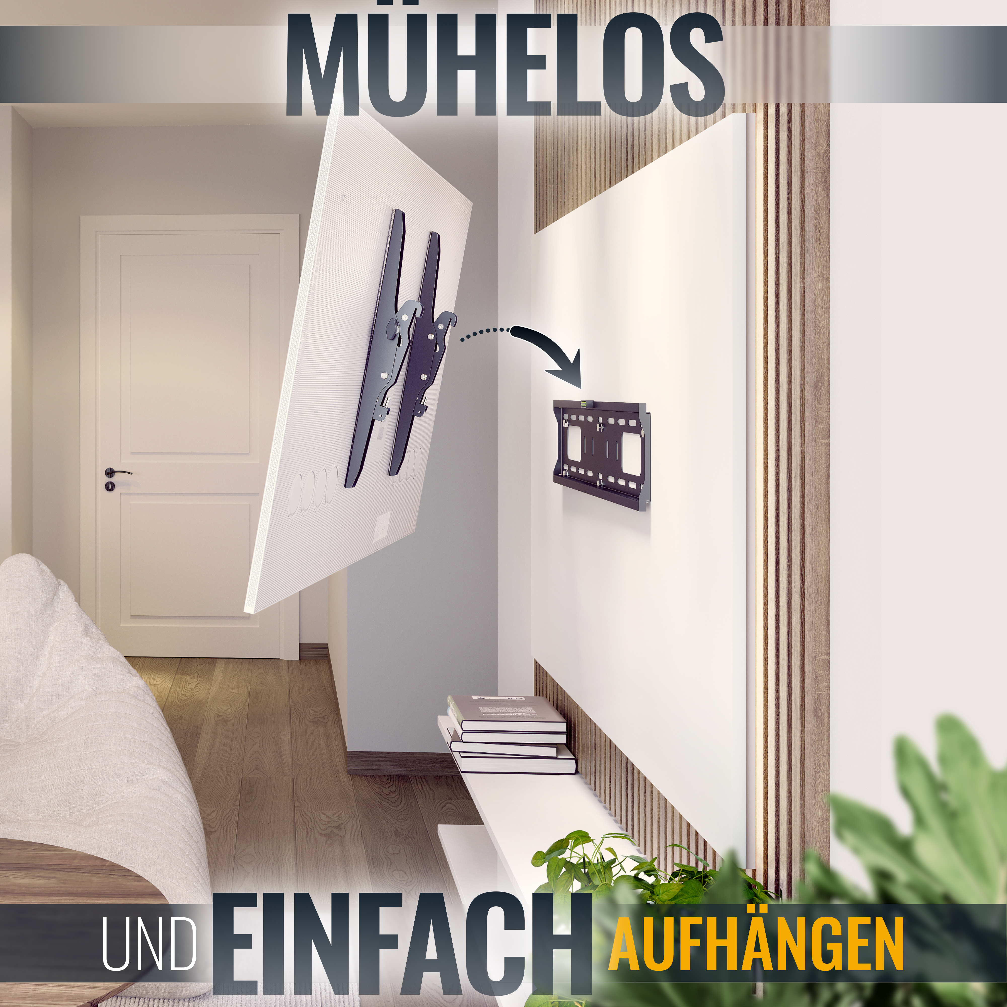 TV an der Wand montiert. Eine Wandhalterung wird gezeigt. Das Wort MÜHELOS steht oben.