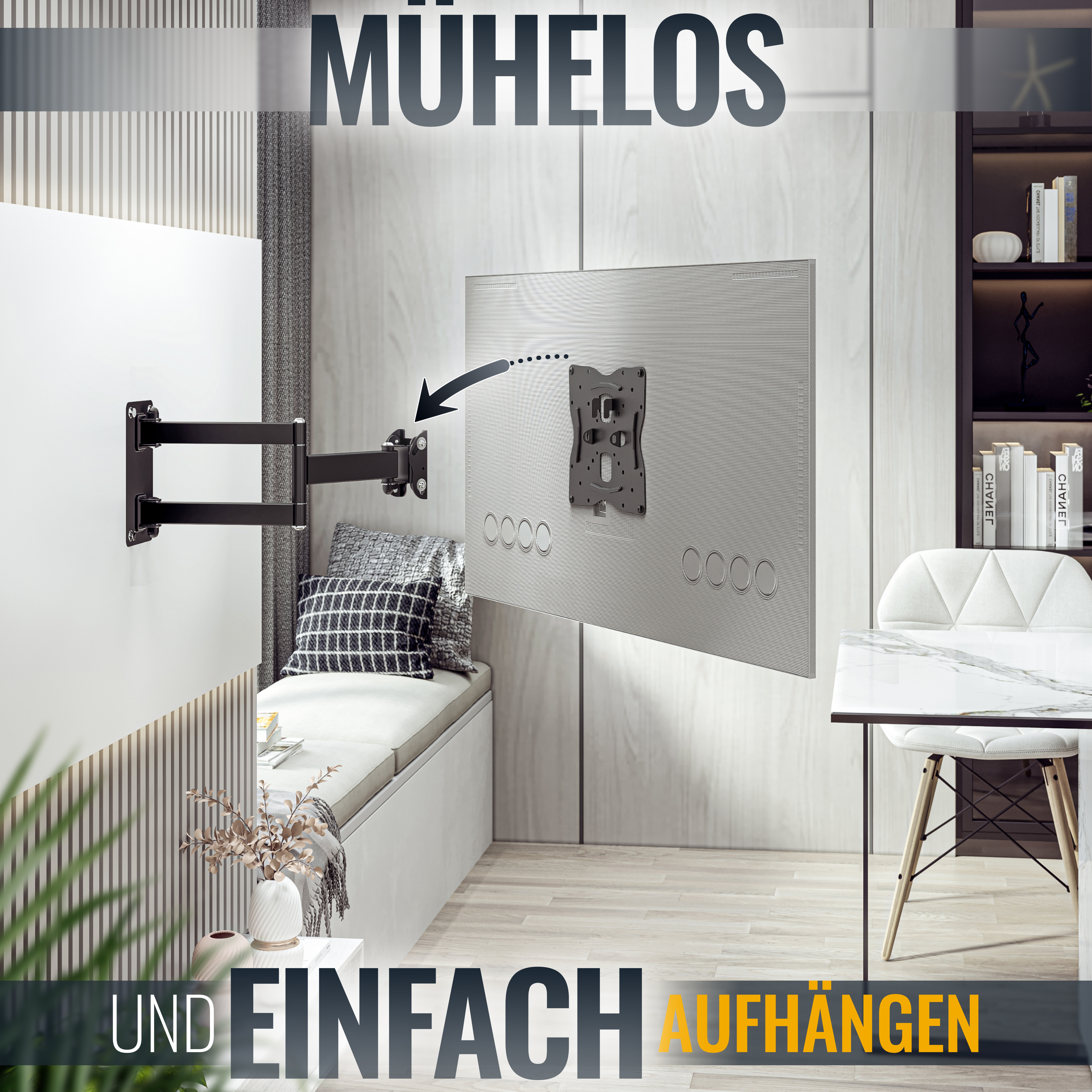 Ein Fernseher an der Wand mit schwarzer Halterung. Text über Montage.