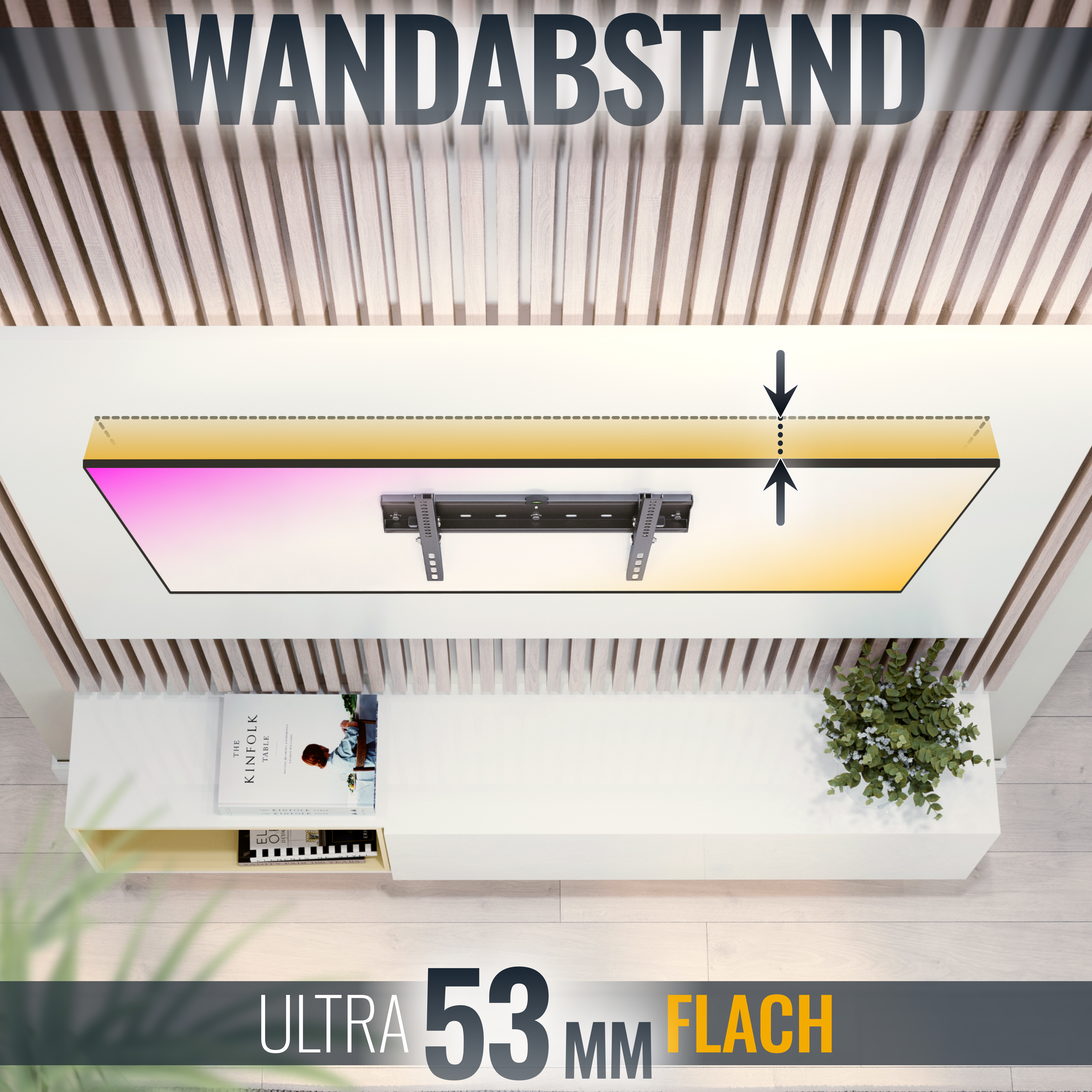 Ein Fernseher an einer weißen Wand montiert. Darunter ein Regal mit Büchern und Pflanzen.