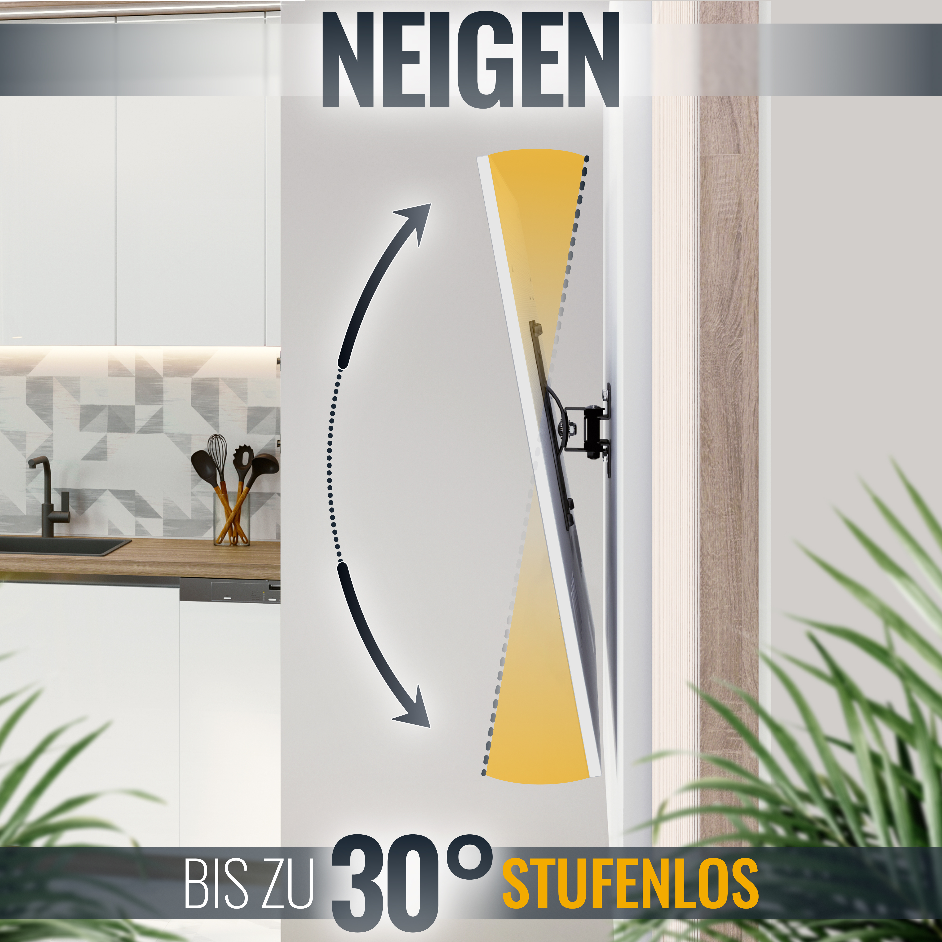 TV-Halterung mit Text 'NEIGEN' und Pfeil, der den Winkel zeigt.