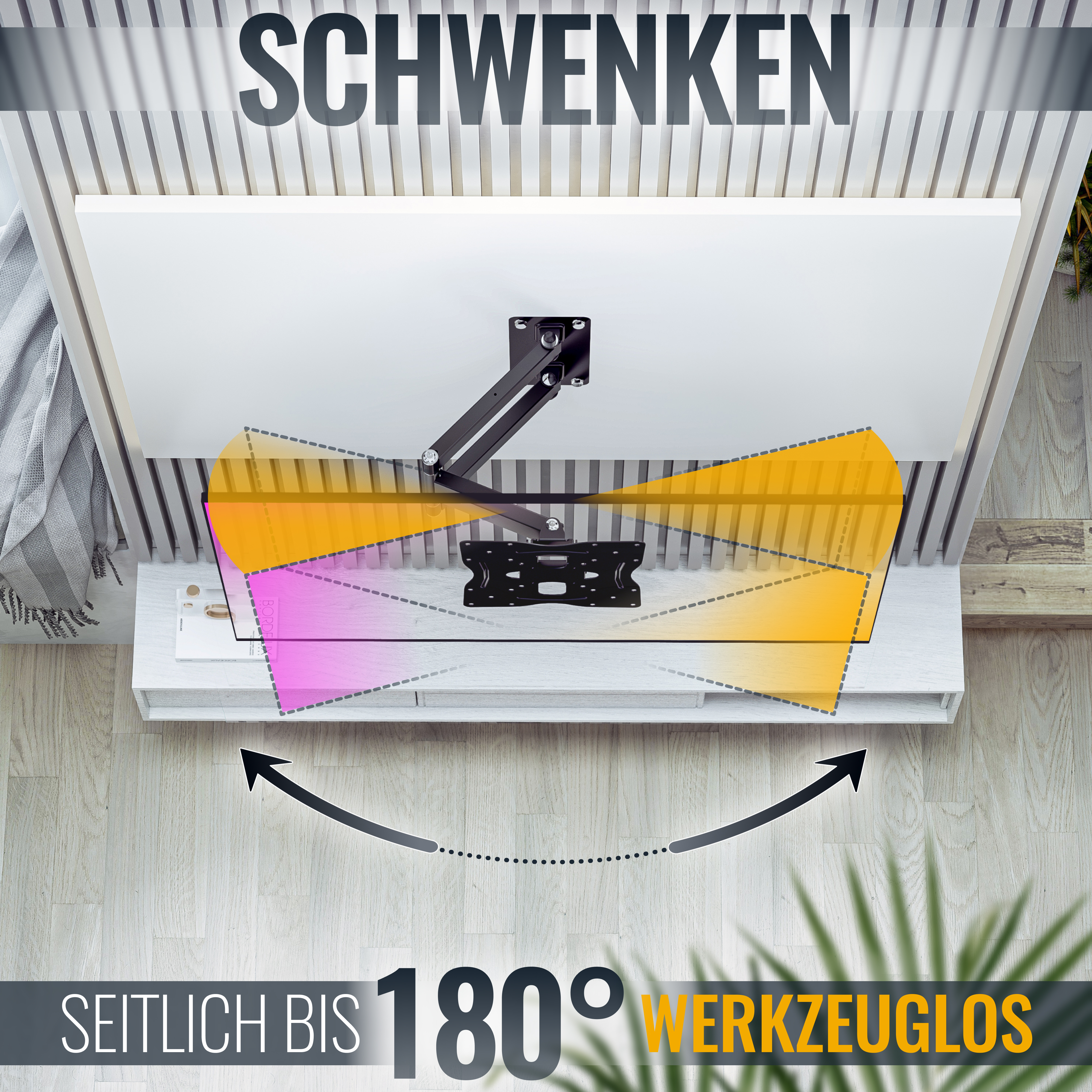 Ein weißer Schrank mit einer TV-Halterung. Pfeile und farbige Zonen zeigen die Bewegung an.