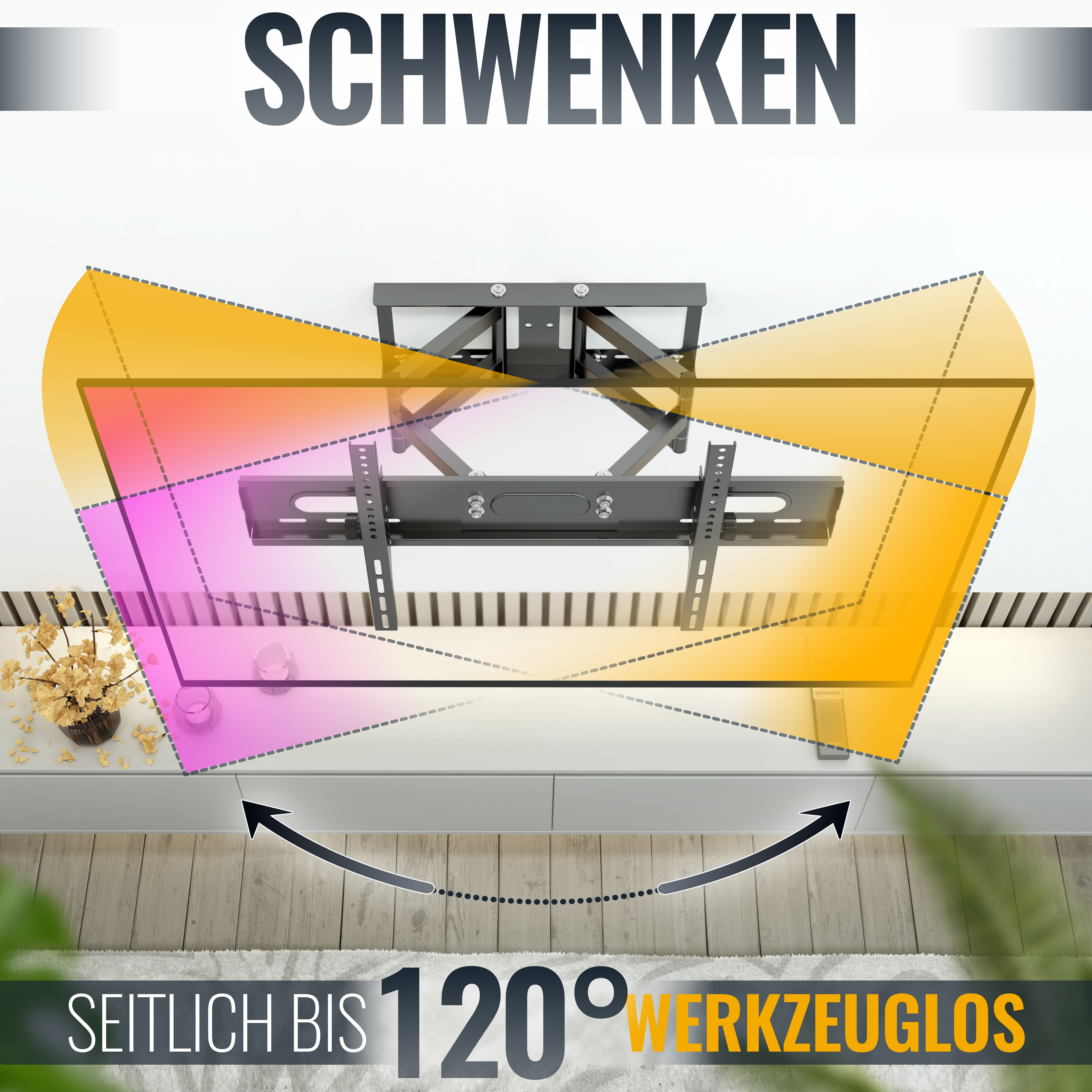 Fernseher an Wandhalterung. Pfeile zeigen Schwenkbereich bis zu 120 Grad.