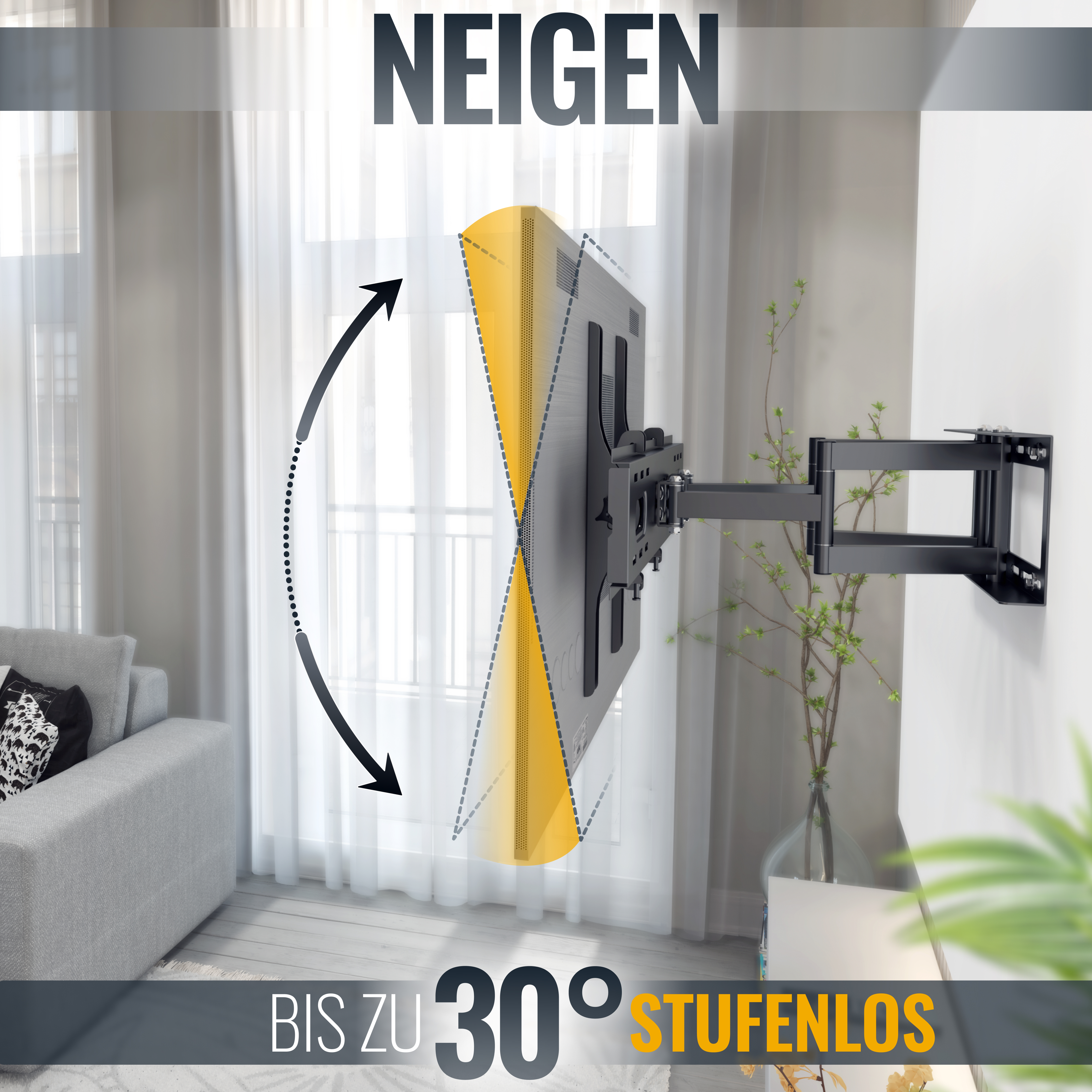 Ein Fernseher, der mit einem Kippmechanismus an der Wand befestigt ist.