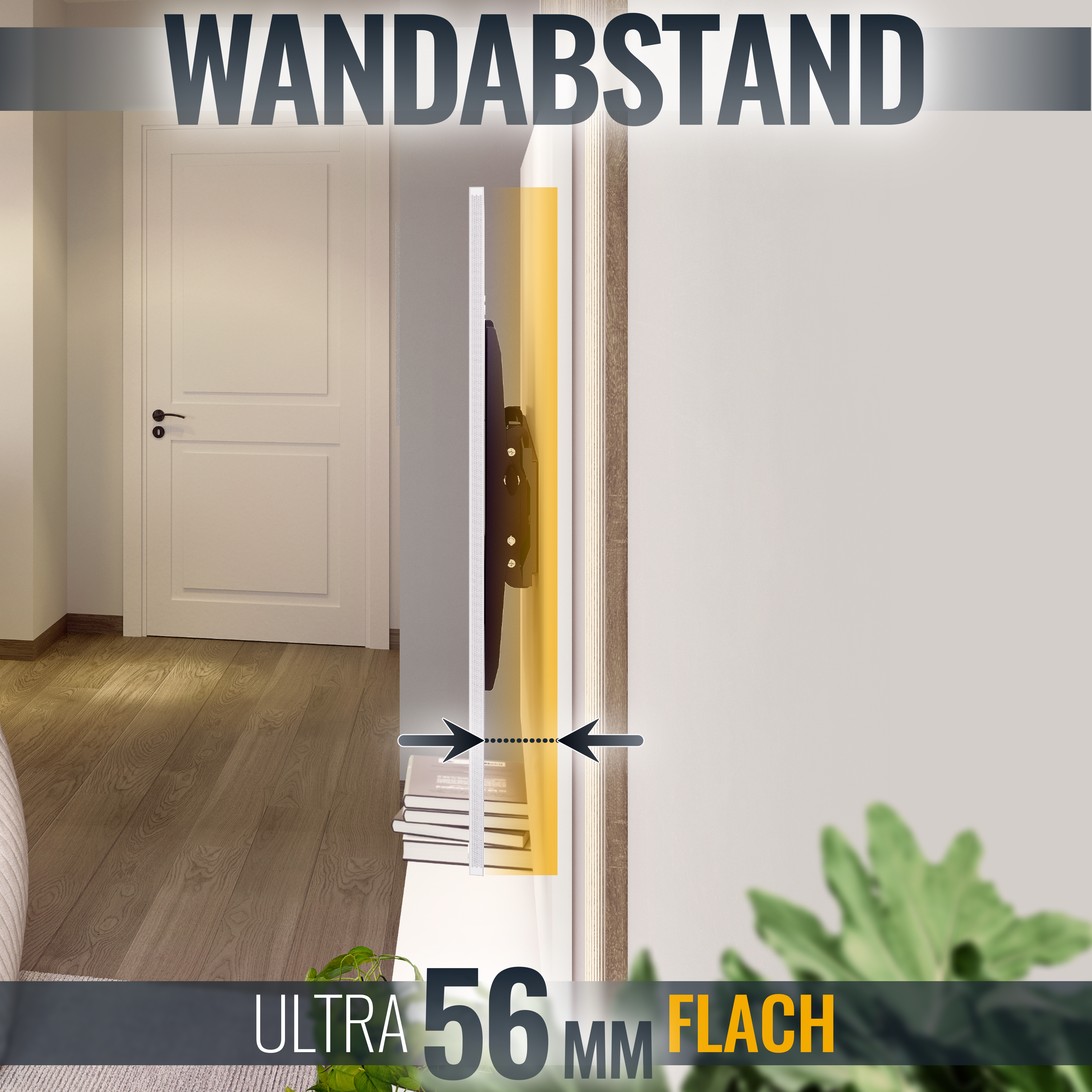 Wandmontierter Fernseher mit Text, der angibt, wie weit er herausragt.