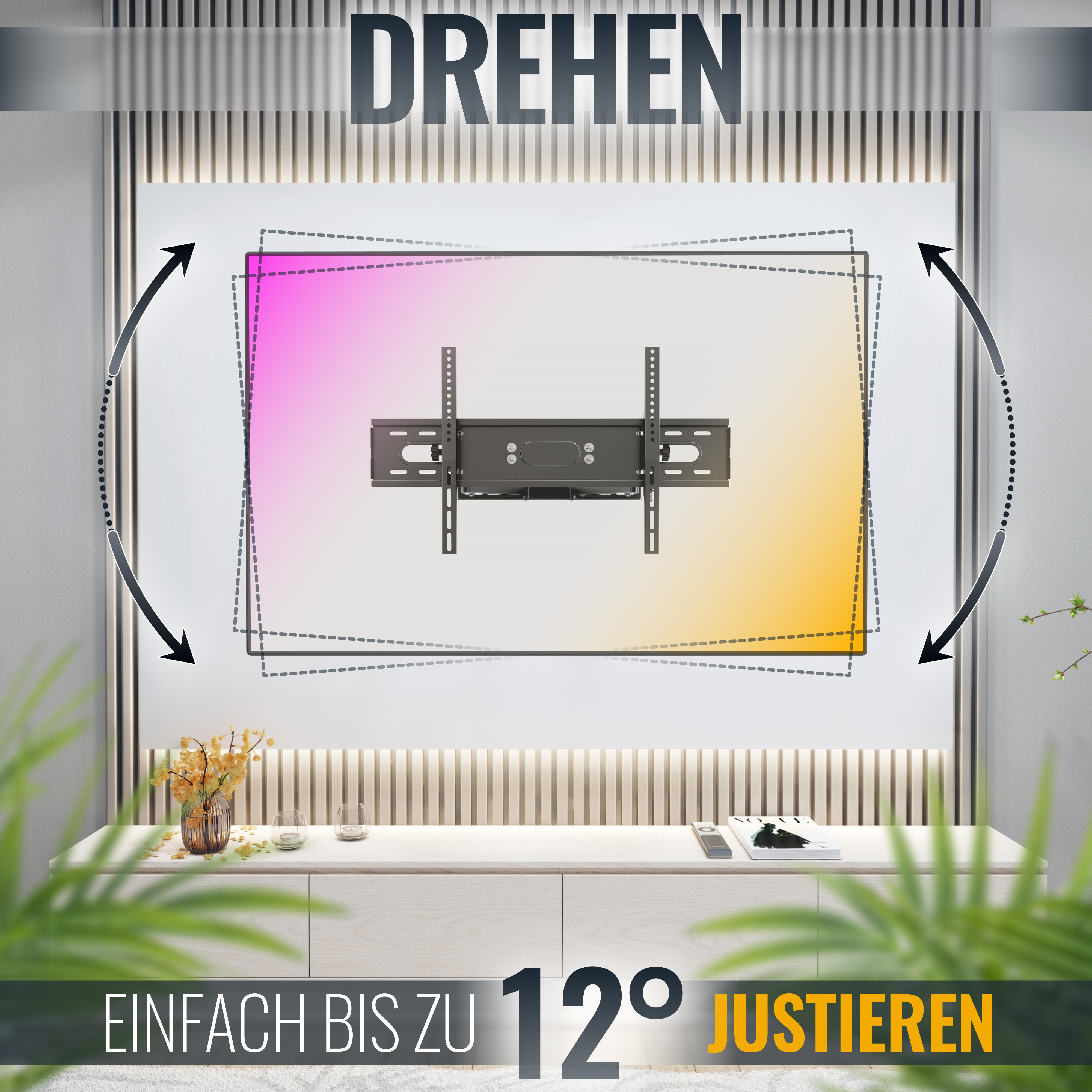 TV-Halterung mit Text 'DREHEN' und Pfeilen, die die Drehung zeigen.