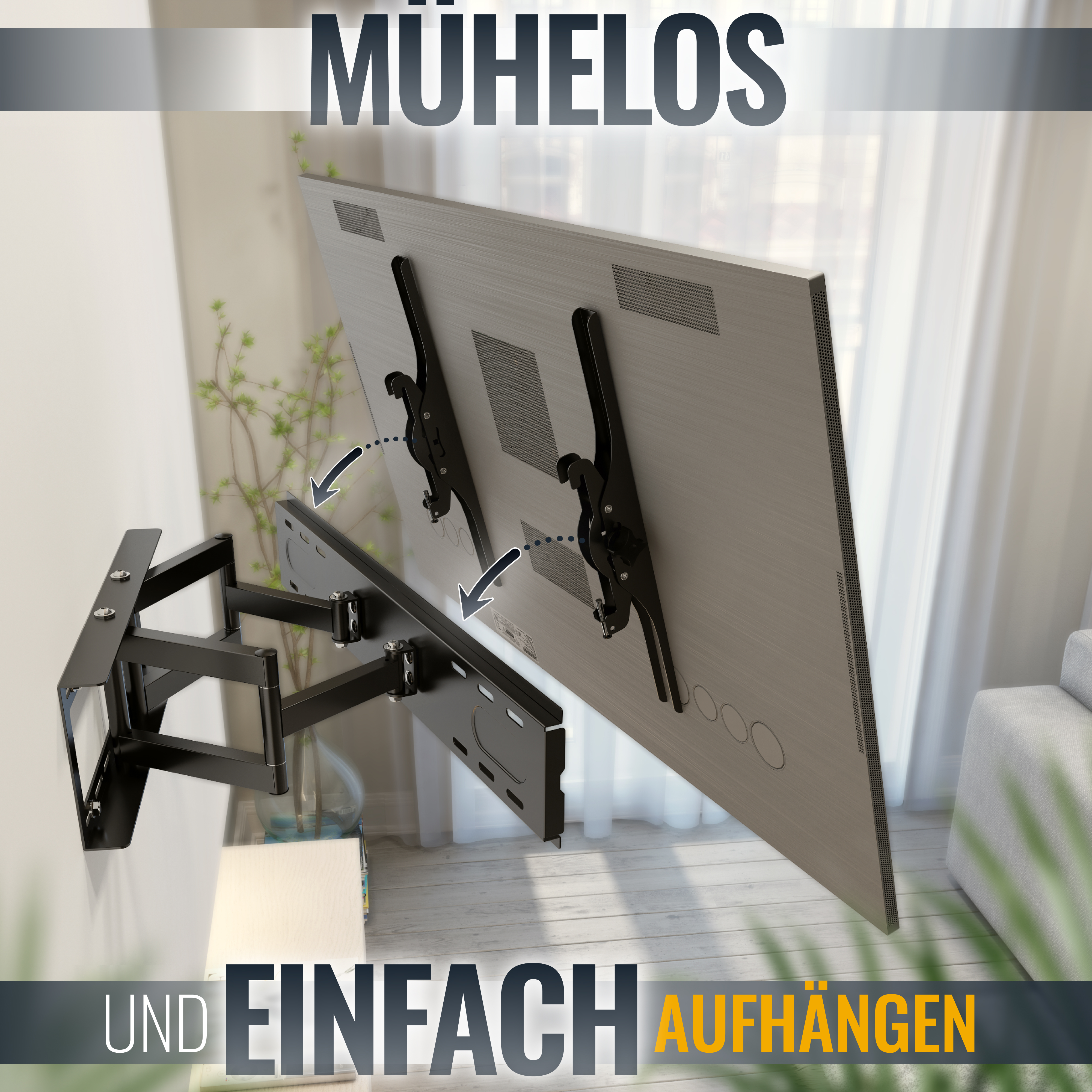 Ein Fernseher wird mit einer Halterung an der Wand befestigt. Die Wörter Mühelos und Einfach Aufhängen.