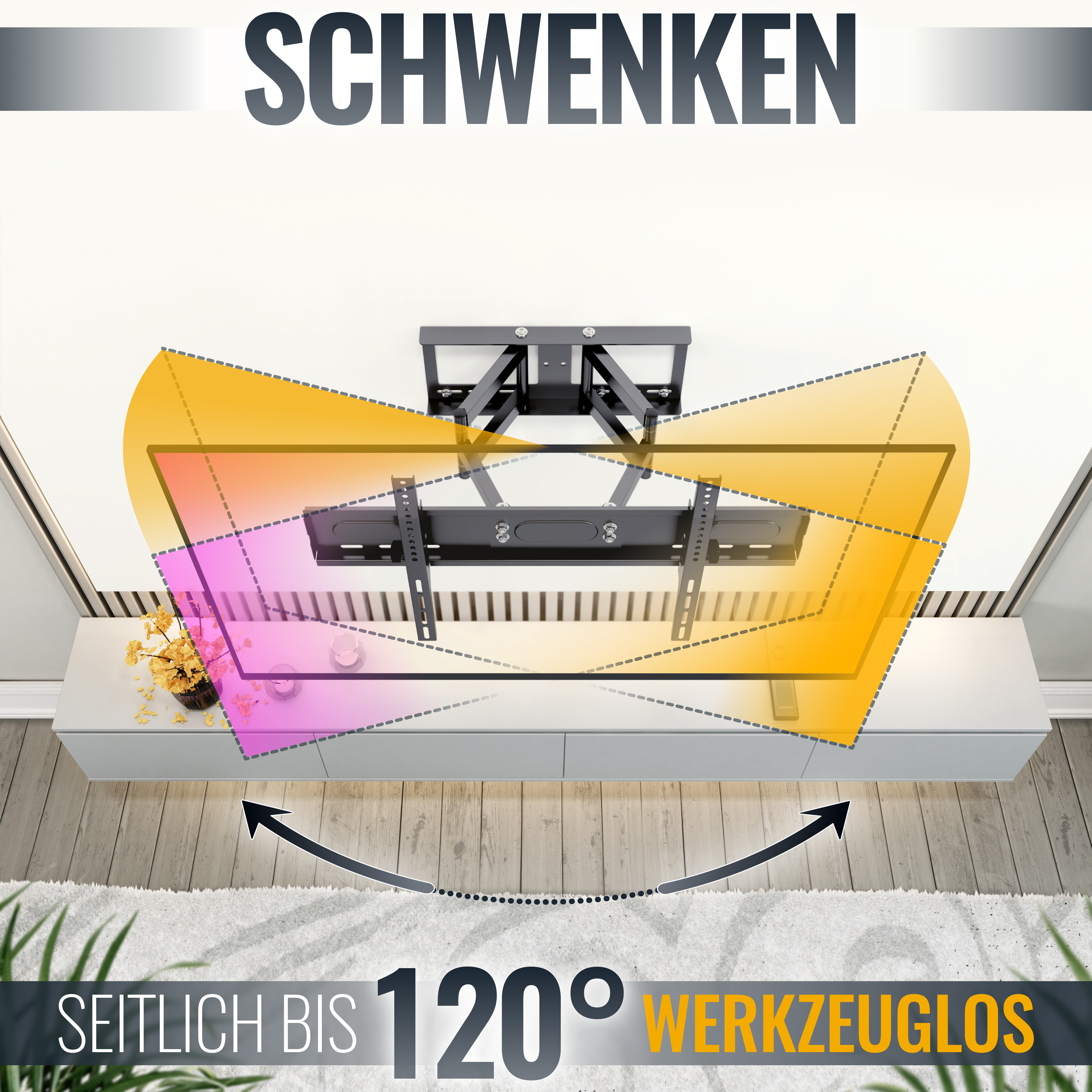 Ein an der Wand montierter Fernseher, wobei der Anzeigebereich in einer Raumeinstellung hervorgehoben wird.