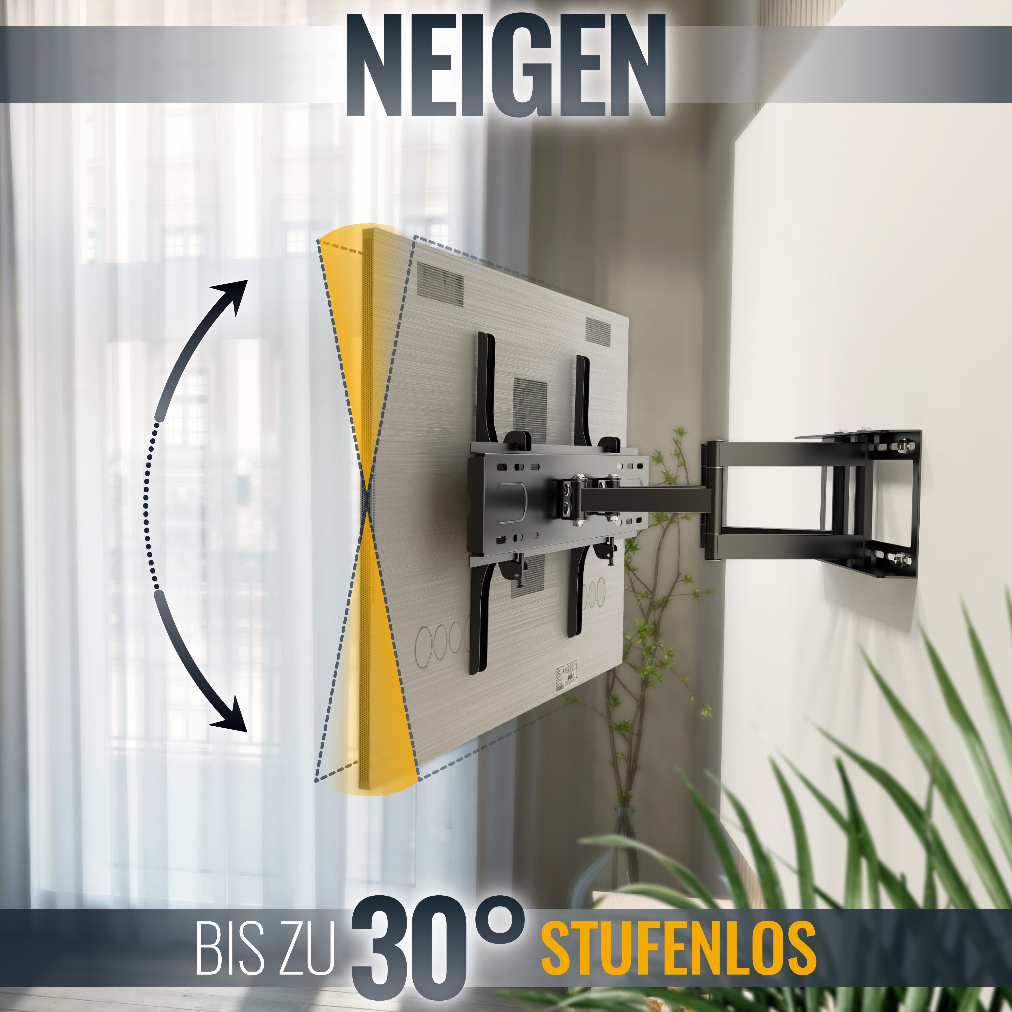 Fernseher an der Wand montiert, mit einstellbarem Winkel bis zu 30 Grad, mit Text "NEIGEN" und "STUFENLOS".