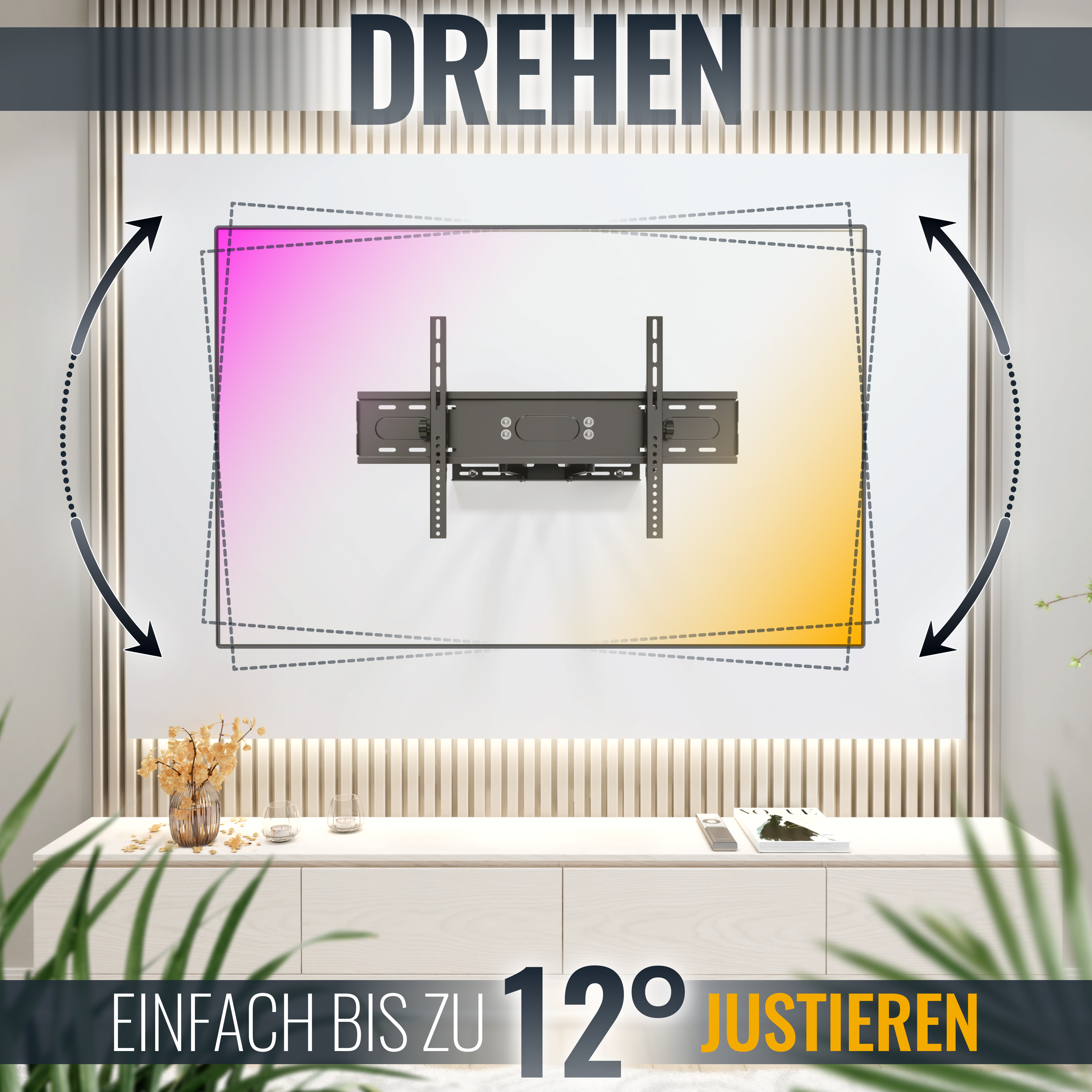 Ein Fernseher auf einem weißen Schrank, mit Pfeilen, die einen 12-Grad-Einstellbereich anzeigen.