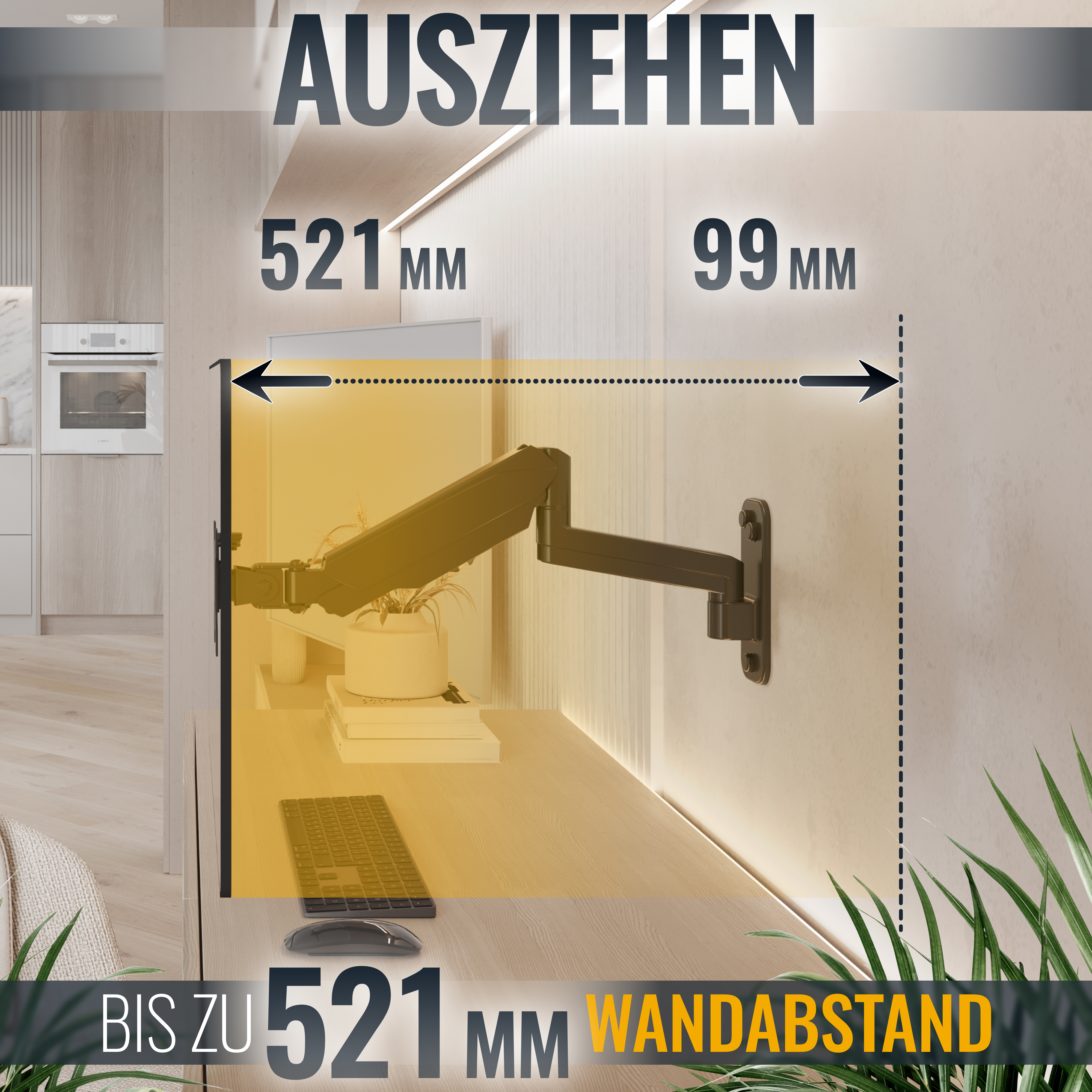 Eine TV-Wandhalterung mit Maßen, mit Schreibtisch und Pflanze im Hintergrund.
