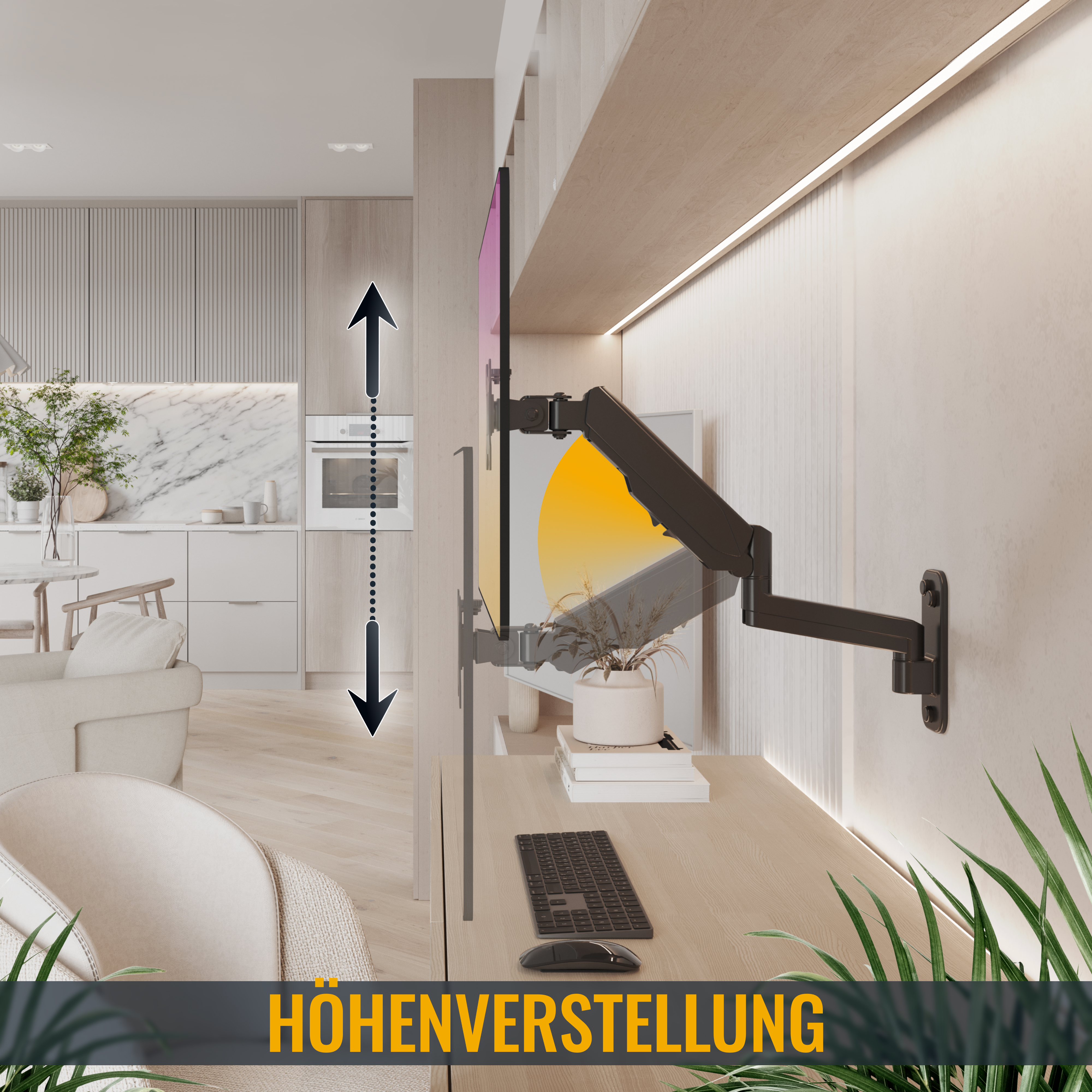 Fernseher auf einem Ständer, mit Höhenverstellpfeil. Ein Schreibtisch, eine Tastatur und Pflanzen sind zu sehen. Hintergrund ist eine Küche.