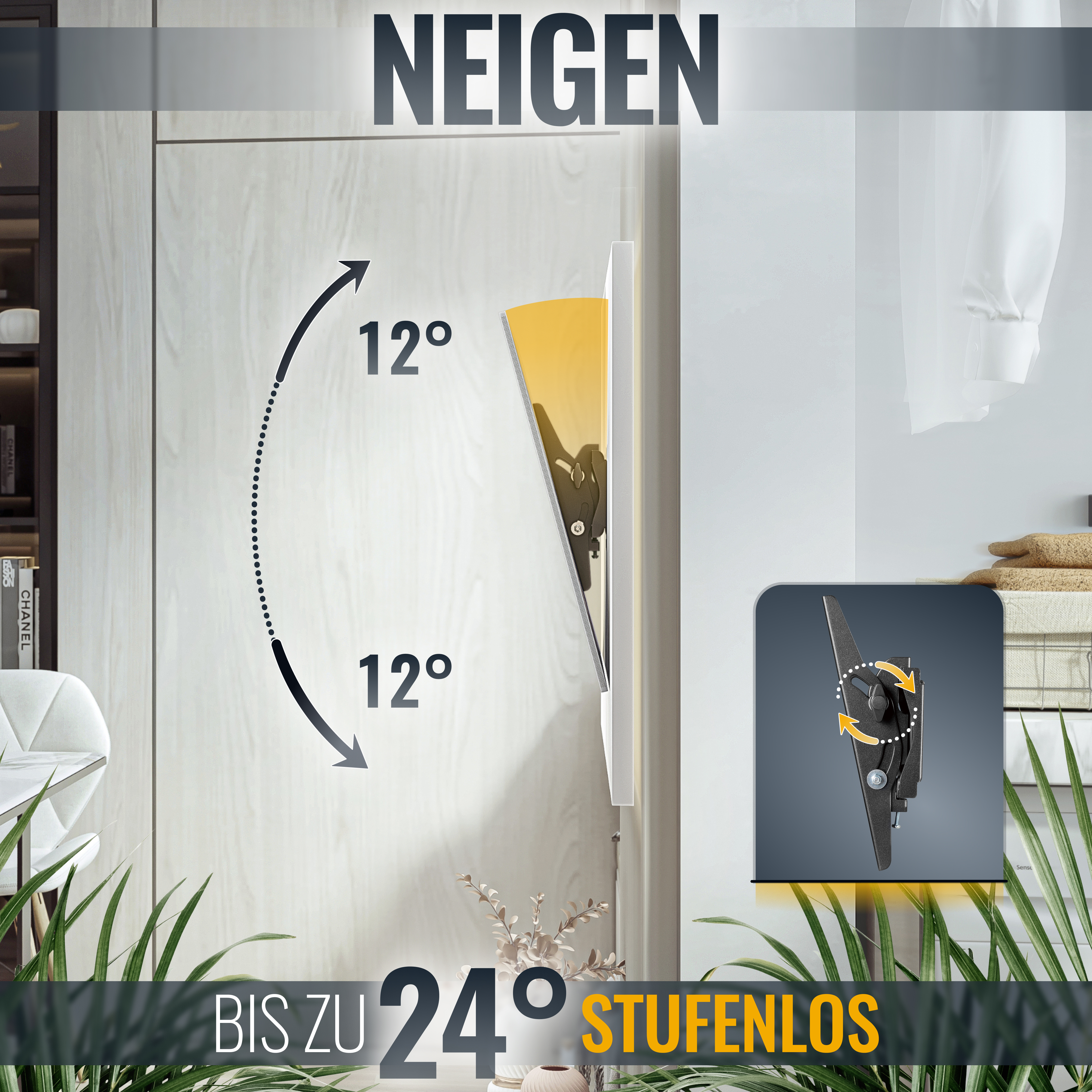 Eine Tür öffnet sich. Pfeile zeigen eine 12-Grad-Bewegung an. Text: 'Bis zu 24° stufenlos'.