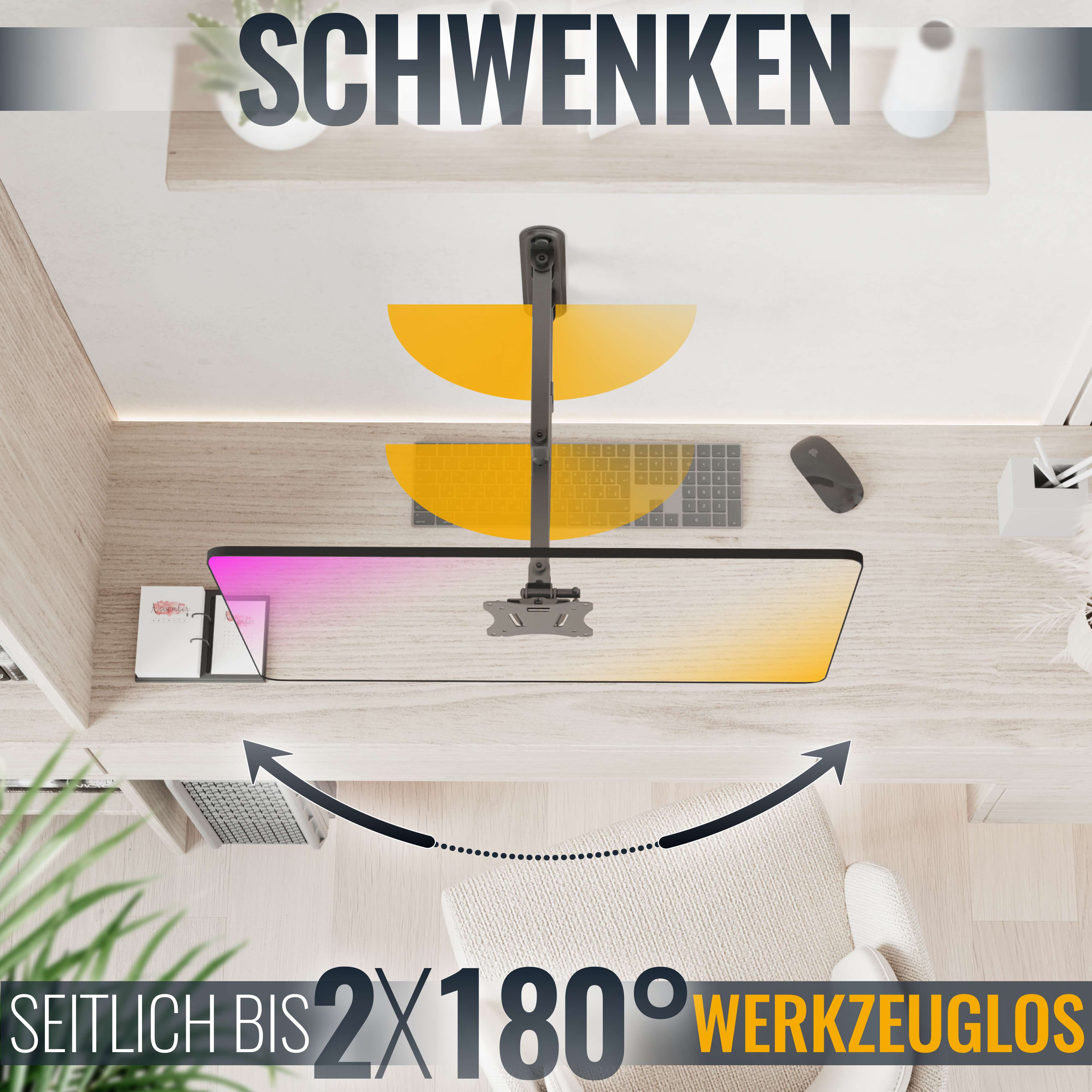 Monitorarm auf Schreibtisch. Pfeile zeigen Schwenkbereich. Text: 'Schwenken', '2x180°'.