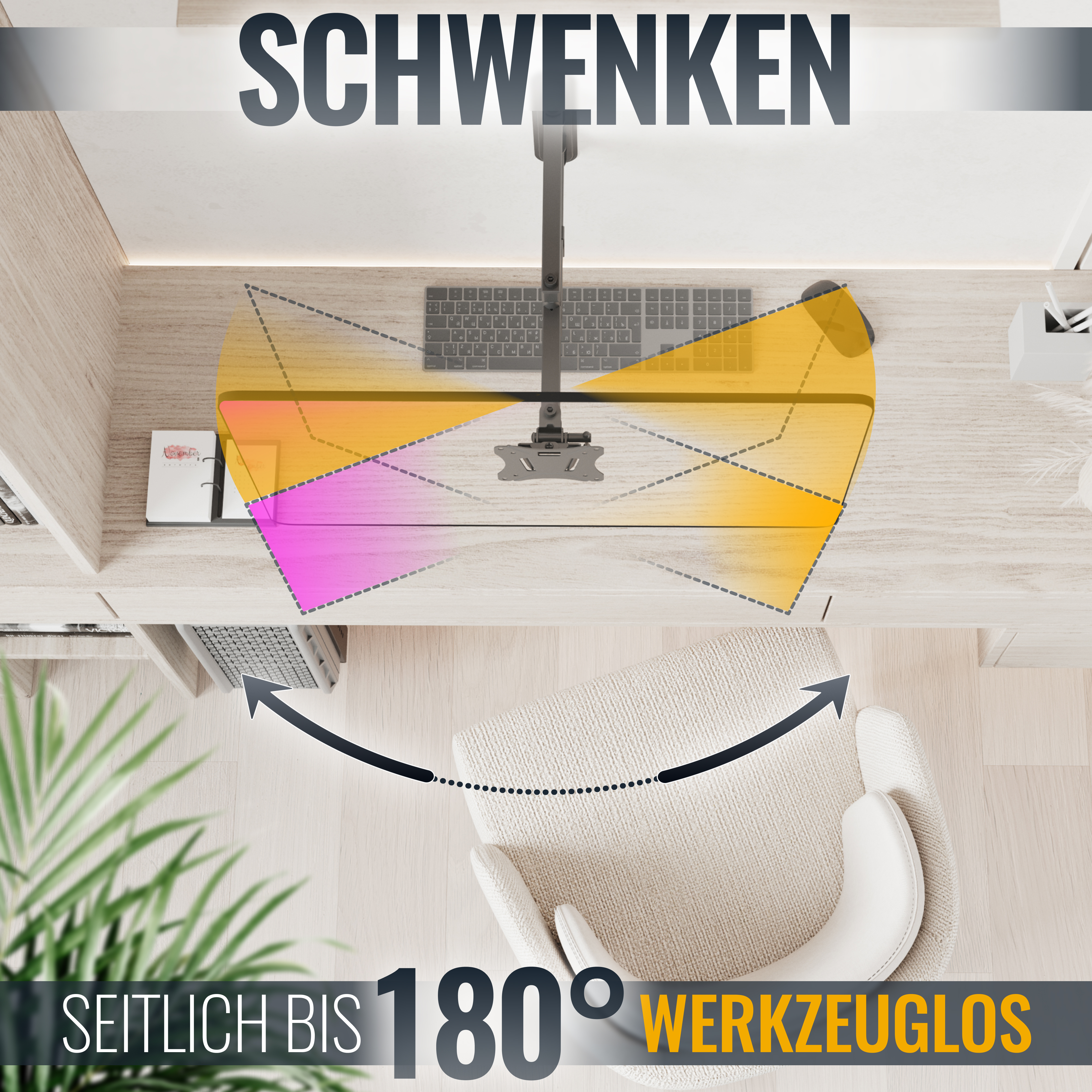 Schreibtisch mit verstellbarem Arm, Monitor, Tastatur und Stuhl. Pfeile zeigen den Schwenkbereich.