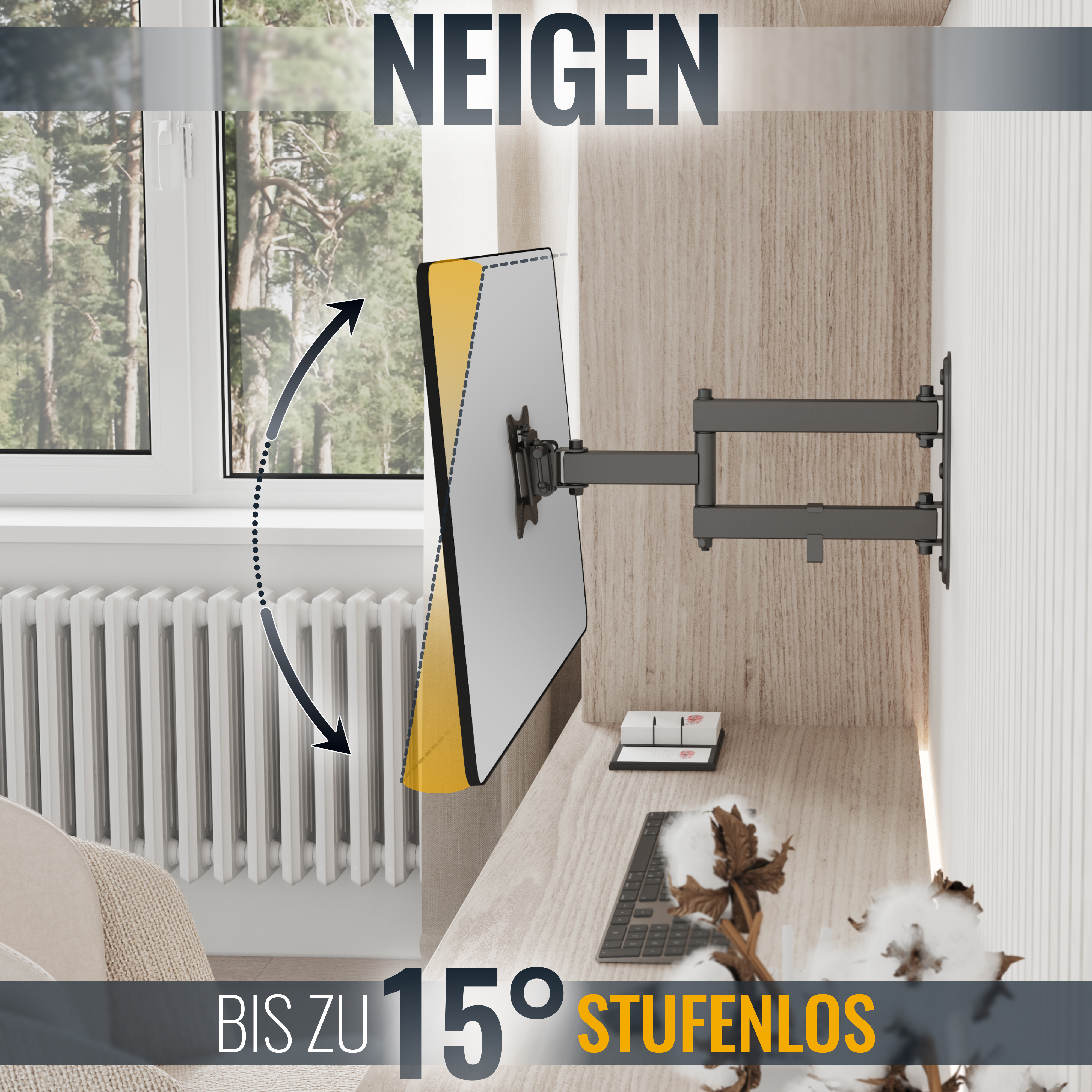 Ein Bildschirm, der an einer Wand mit einem flexiblen Arm befestigt ist, mit Fenster.
