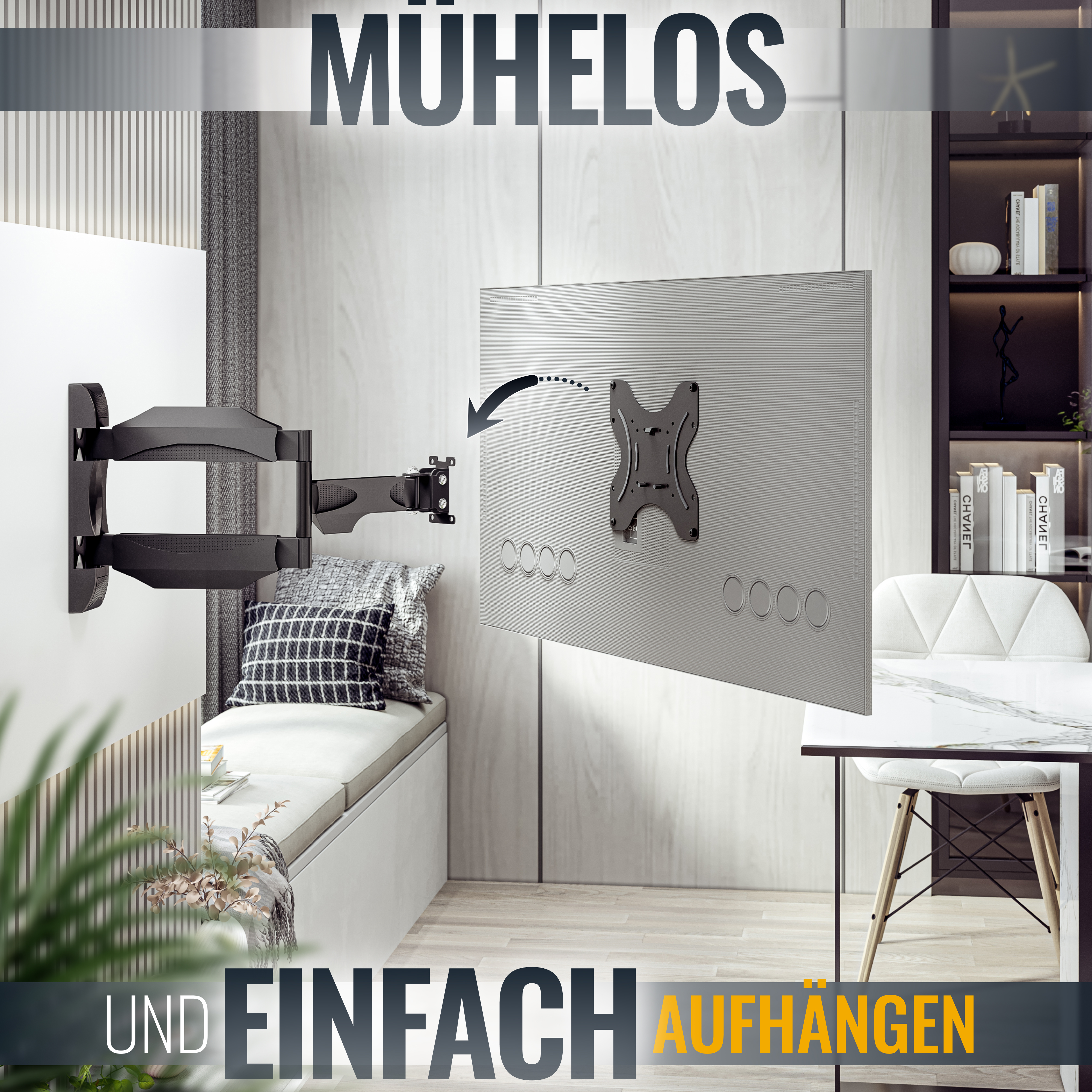 TV an der Wand montiert. Text 'Mühelos' und 'Und Einfach Aufhängen' werden gezeigt.