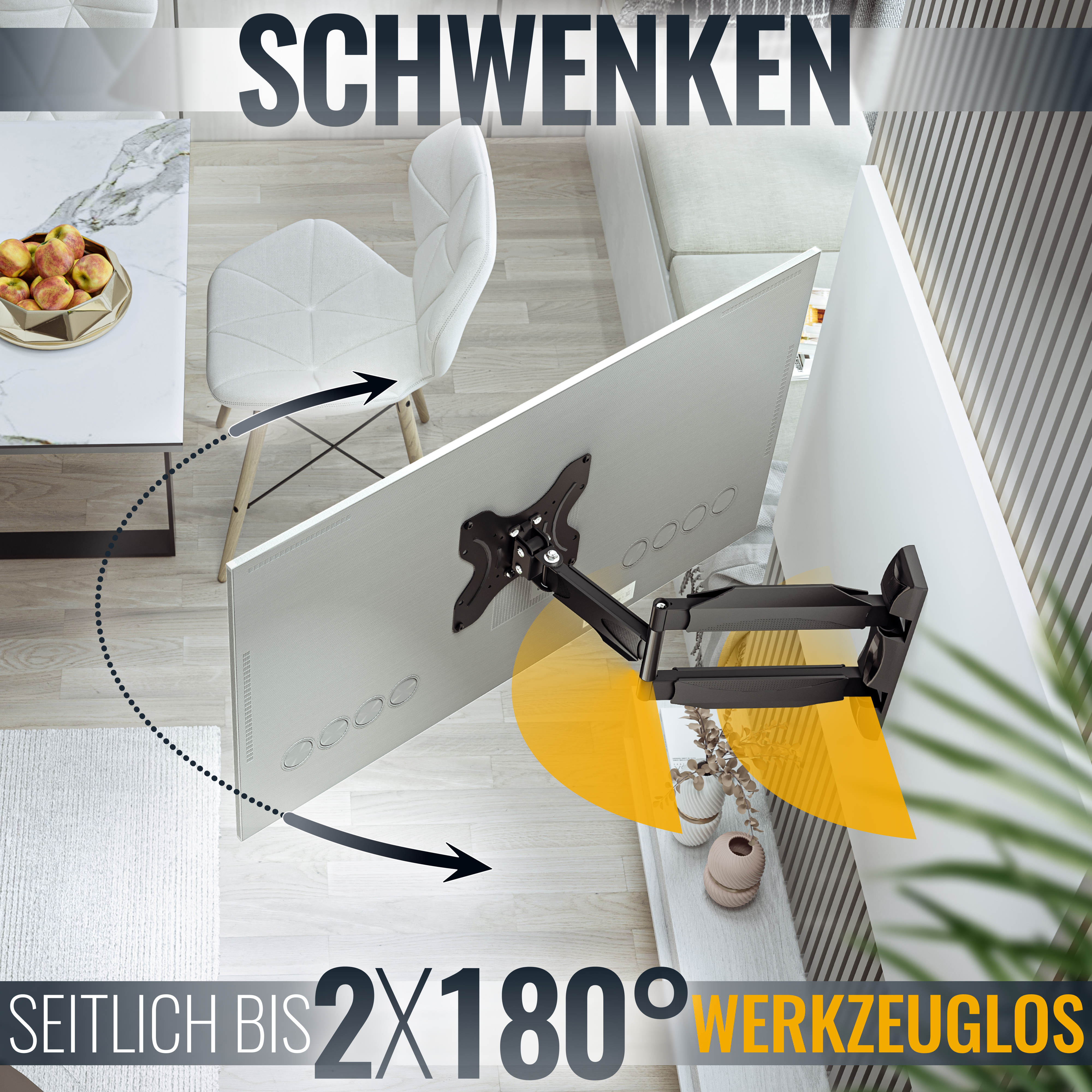 Fernseher an der Wand, mit Pfeilen und Text.