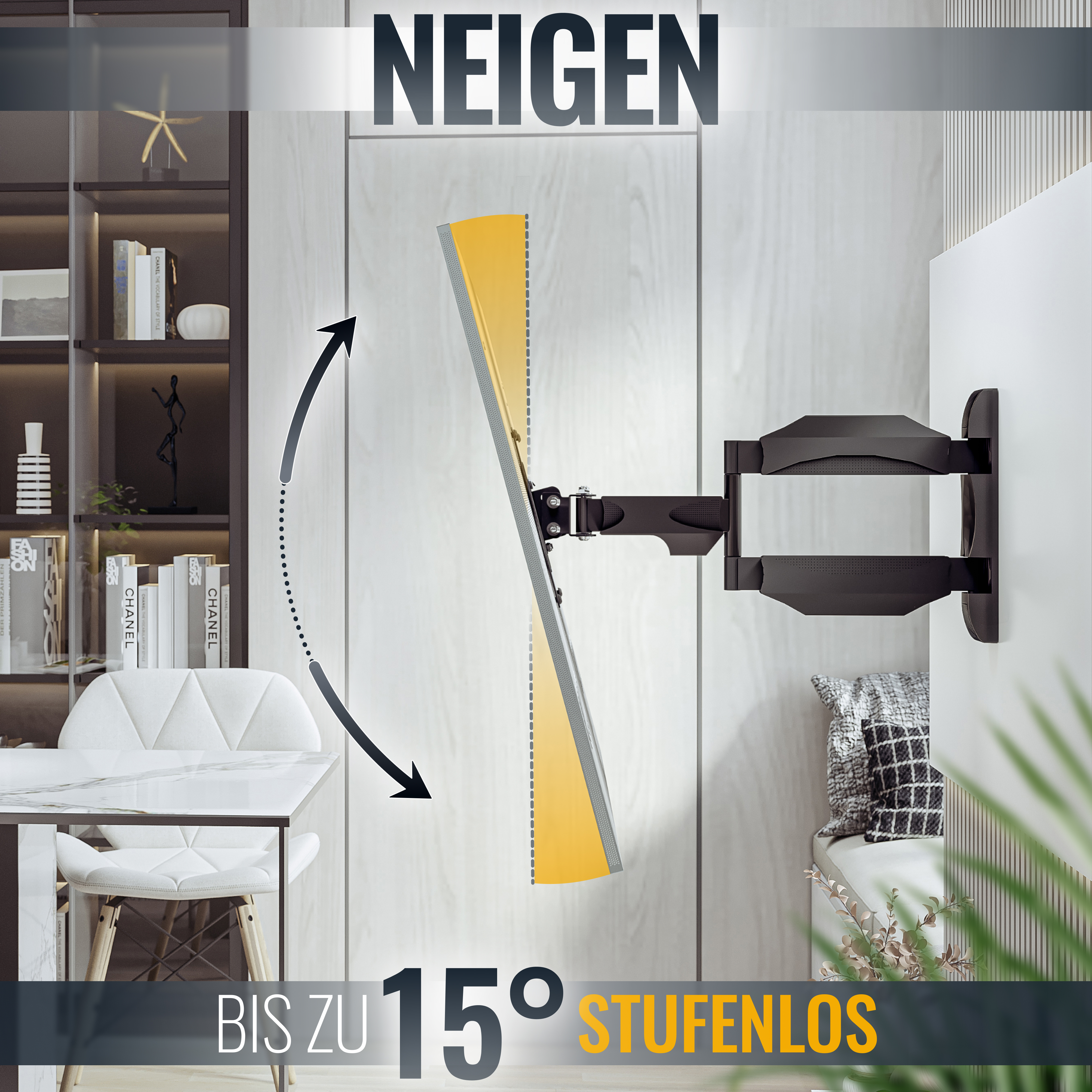 Eine TV-Halterung zeigt einen Fernsehbildschirm in einem Winkel, mit der Aufschrift 15 Grad.