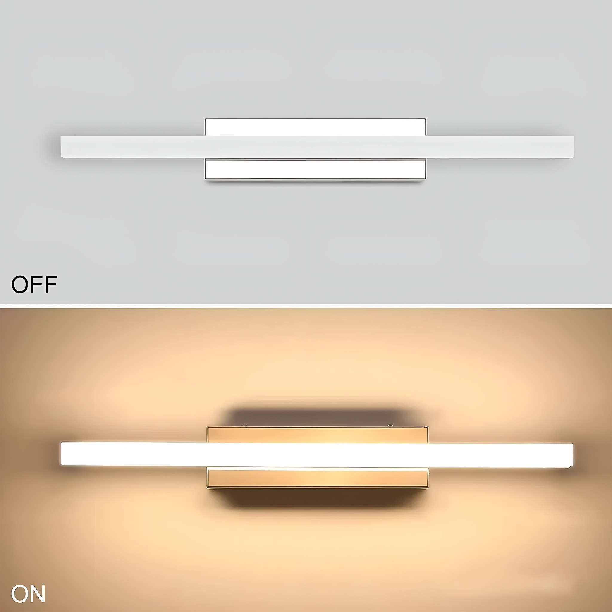 Lichtleuchte, aus und an. Rechteckige Form, weiß und gold. Grauer Hintergrund.