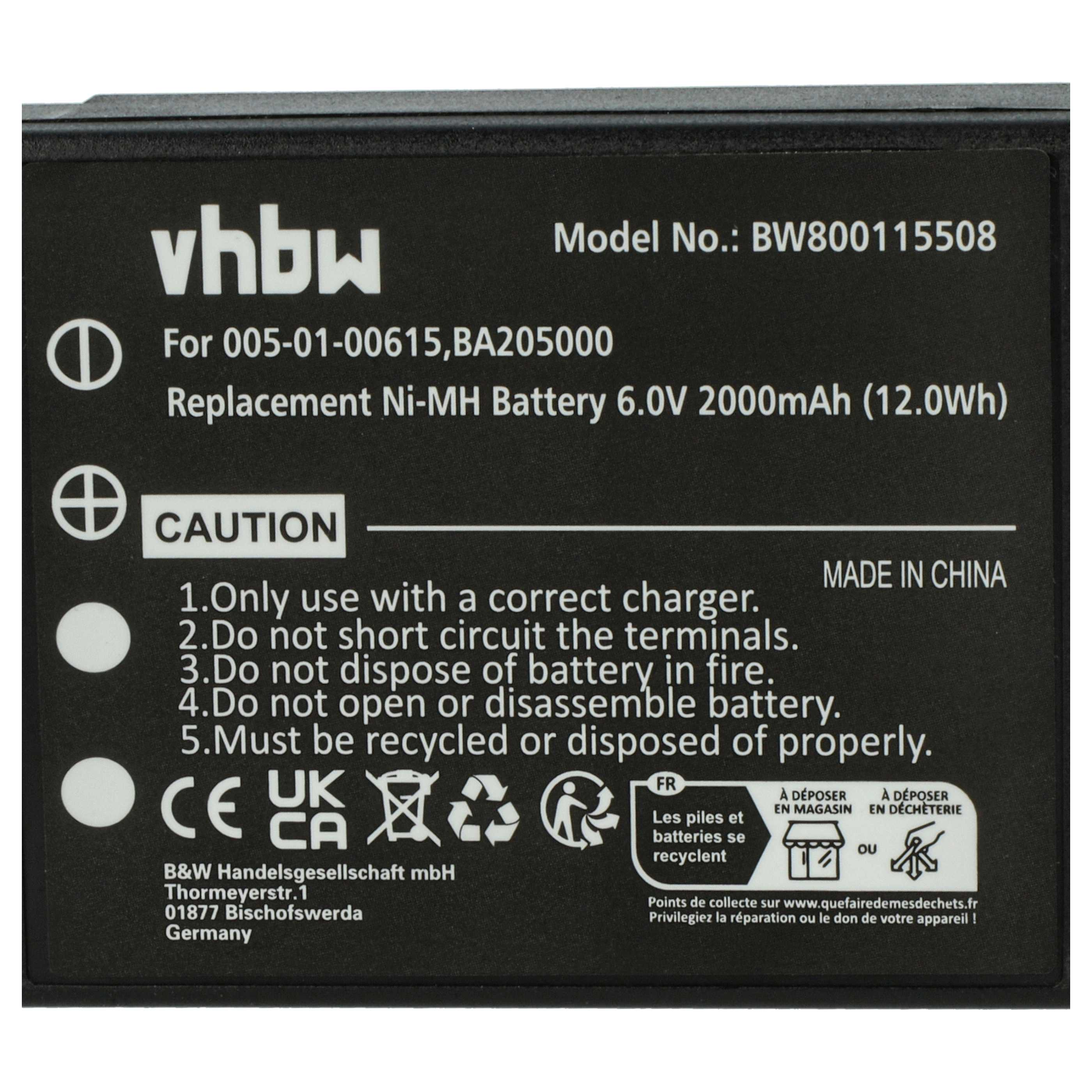 Batterie mit Anweisungen. Enthält einen Vorsichtshinweis und verschiedene Recyclingsymbole.