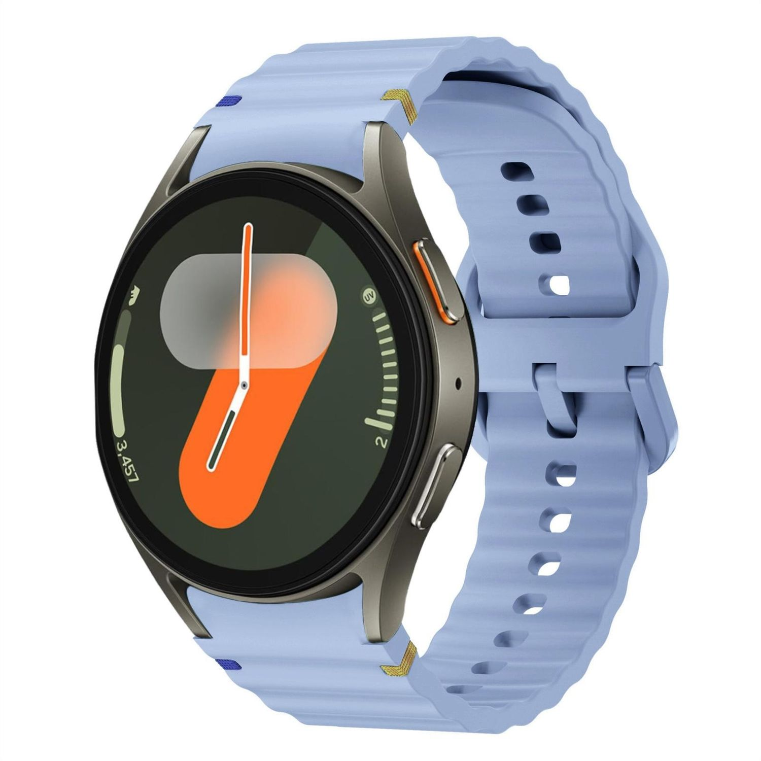 Silberne Smartwatch mit blauem Armband. Das Zifferblatt zeigt die Uhrzeit an. Hintergrund ist weiß.