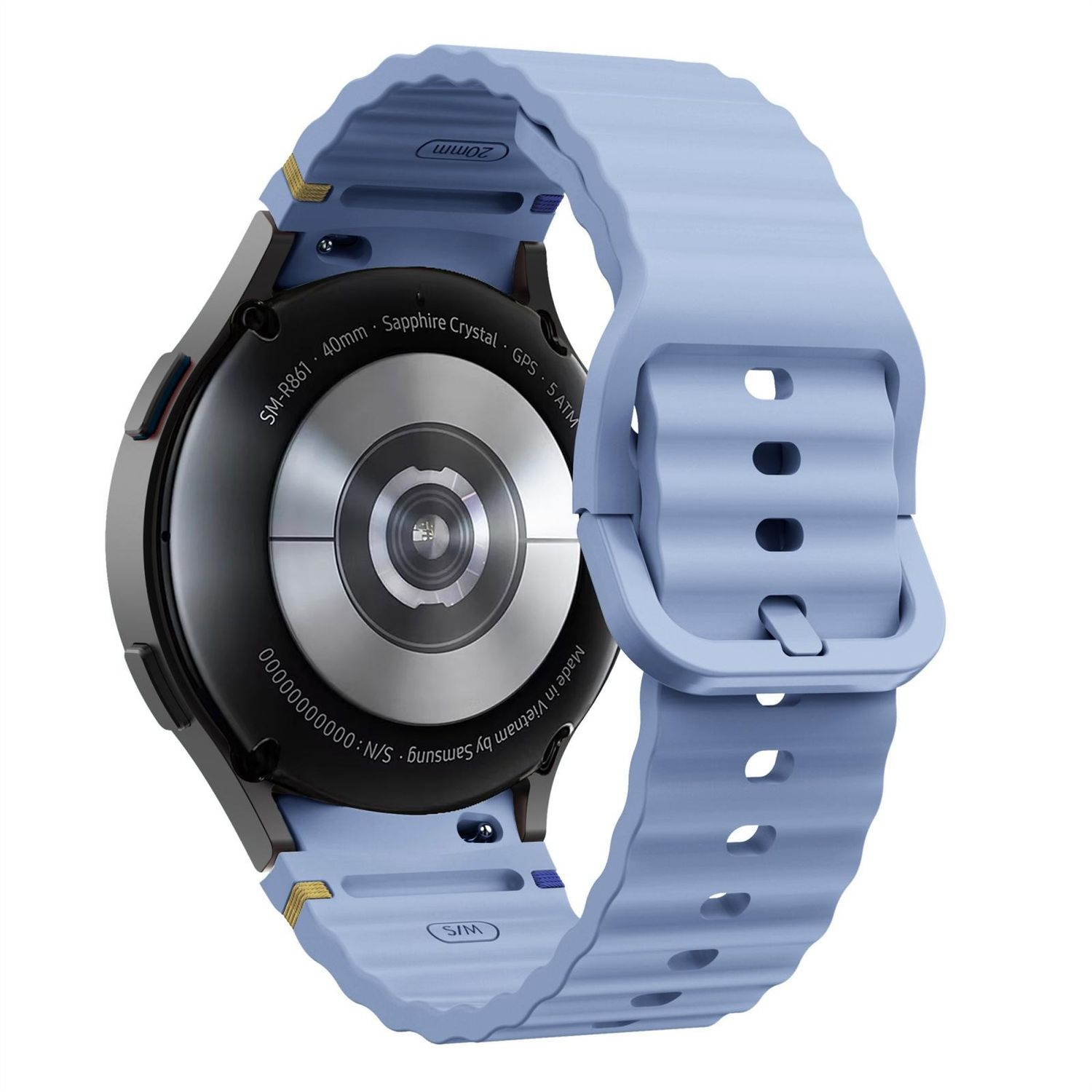 Eine Smartwatch mit blauem Armband auf weißer Oberfläche. Die Uhr ist schwarz mit blauem Band.