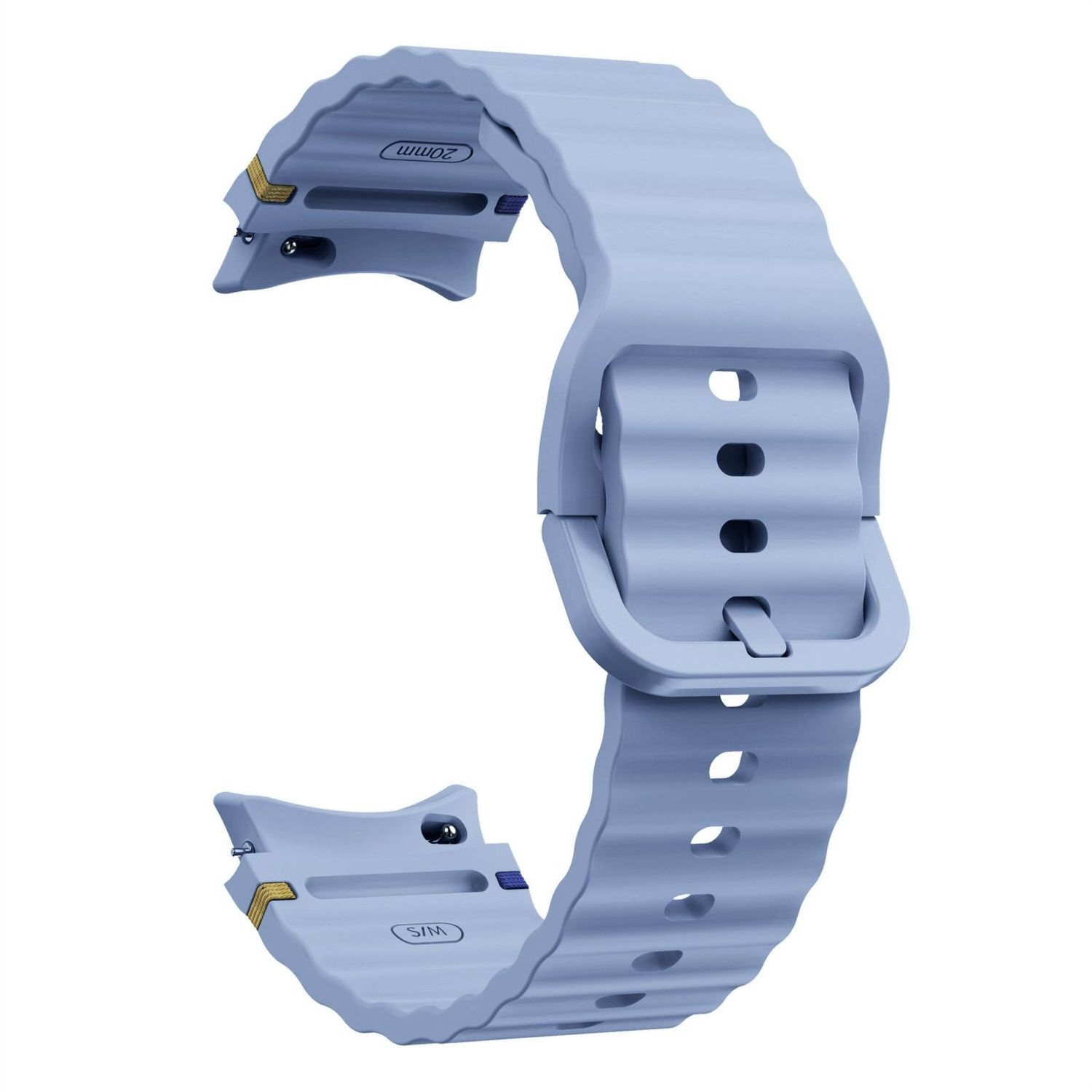 Hellblaues Smartwatch-Armband mit gewellten Kanten. Schnalle sichtbar. Weißer Hintergrund.