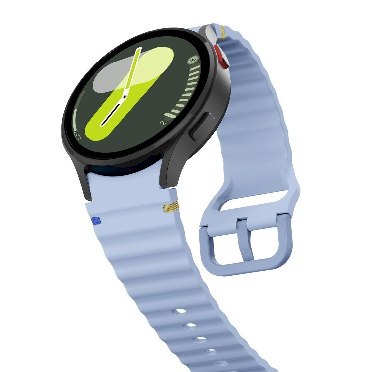 Eine schwarze Smartwatch mit hellblauem Armband. Die Uhr hat ein rundes Zifferblatt.