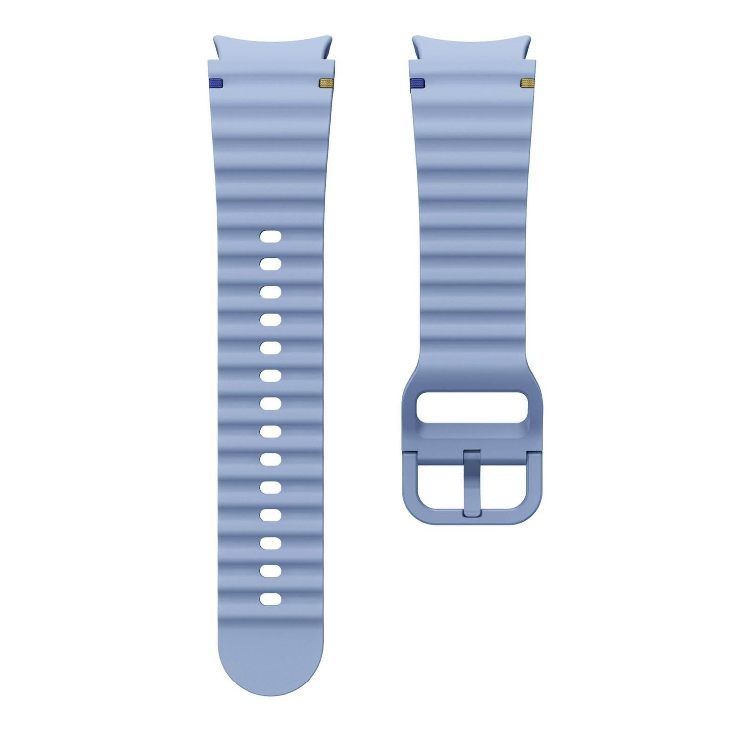 Zwei hellblaue Uhrenarmbänder mit Schnalle, weißer Hintergrund.