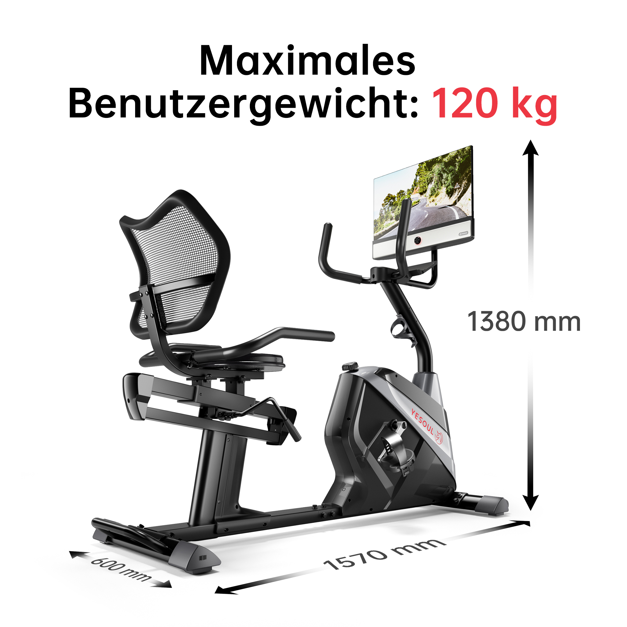 Ergometer mit Abmessungen und Text 'Maximales Benutzergewicht: 120 kg'.