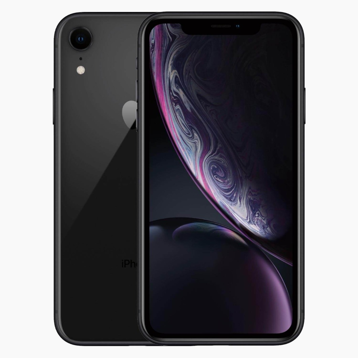 Czarny telefon iPhone XR, przód i tył, z ciemnofioletowym, czarnym i białym ekranem.