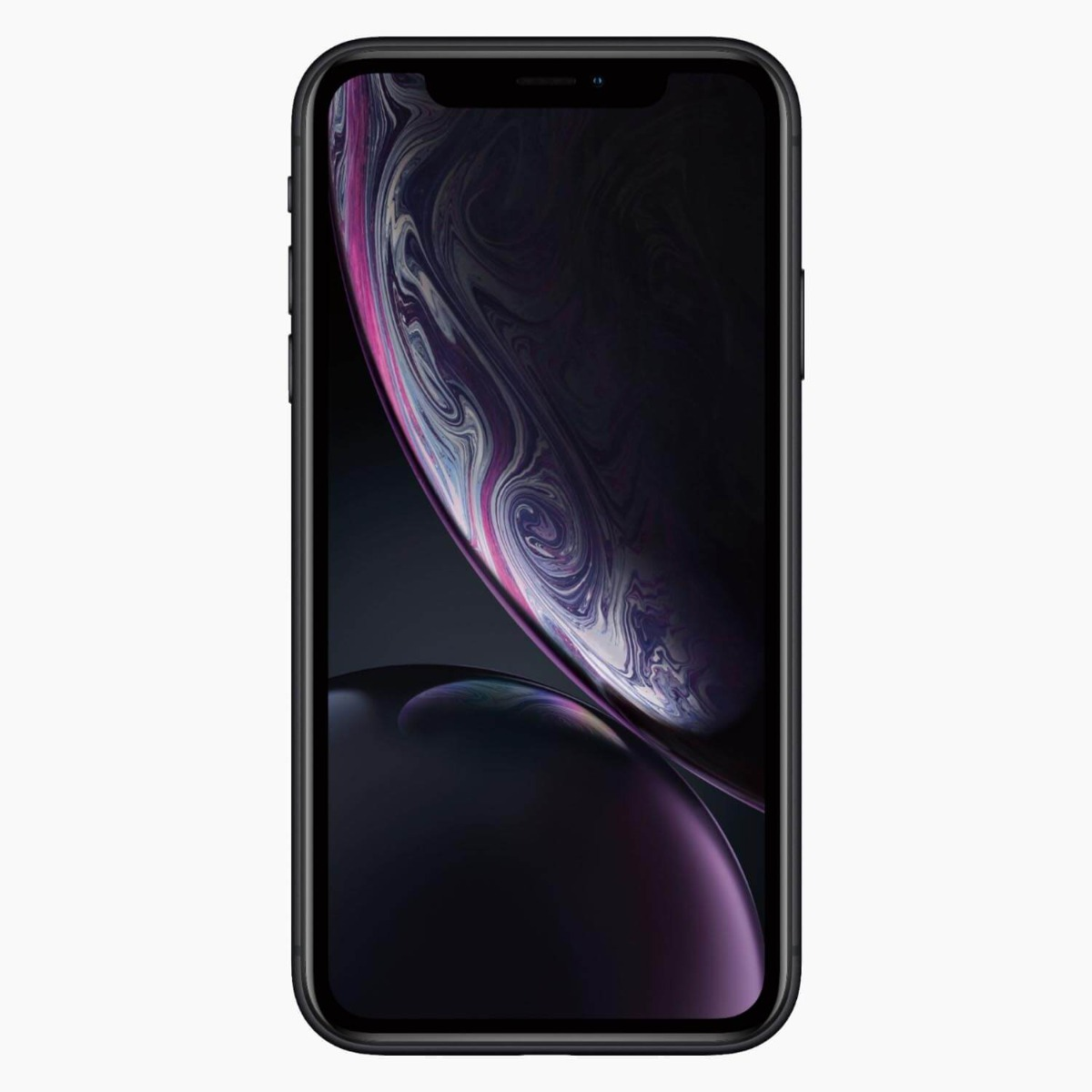Zbliżenie czarnego iPhone'a Xr. Ekran wyświetla kolorowy, wirujący wzór.
