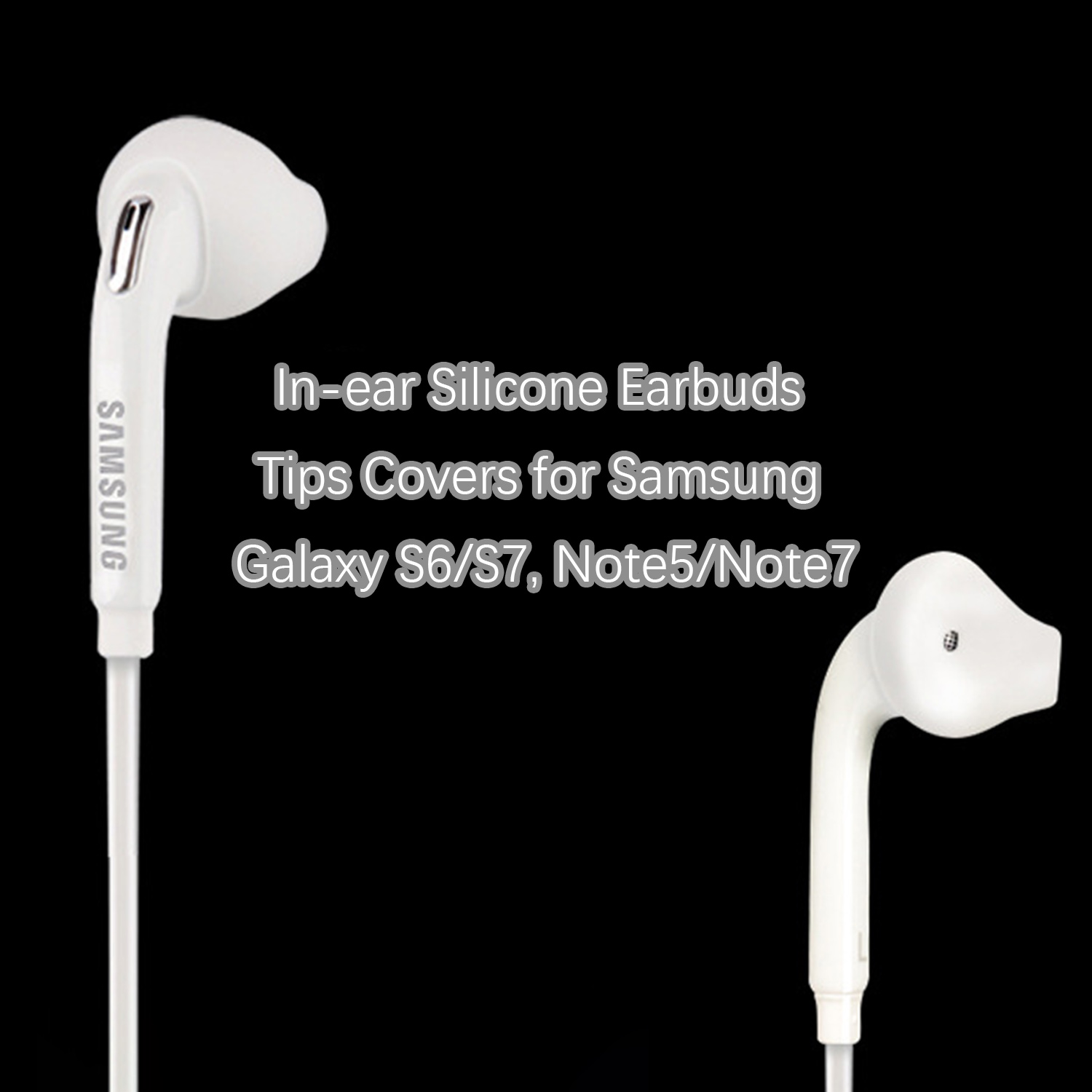Witte Samsung oordopjes met tekst: 'In-ear Silicone Earbuds Tips Covers for Samsung'.