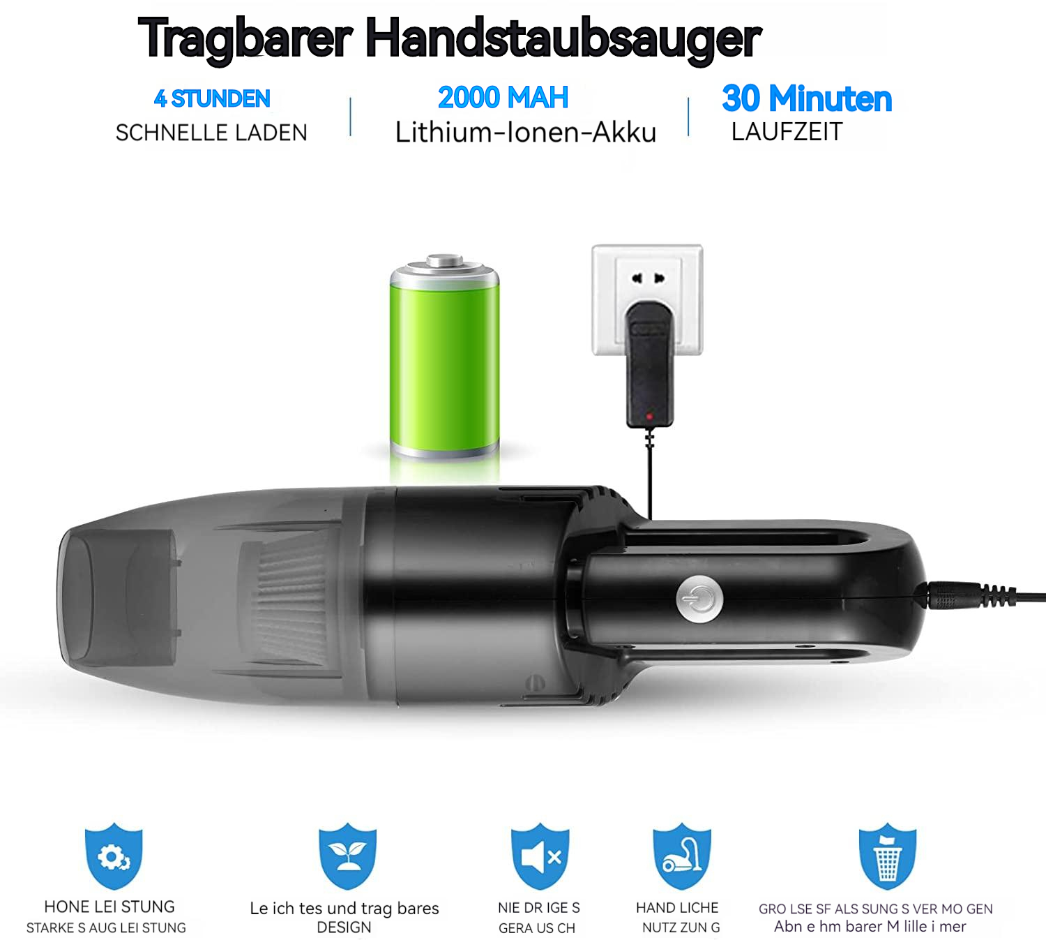 Schwarzer tragbarer Staubsauger mit grünem Akku, Details zum Gerät und Symbolen.