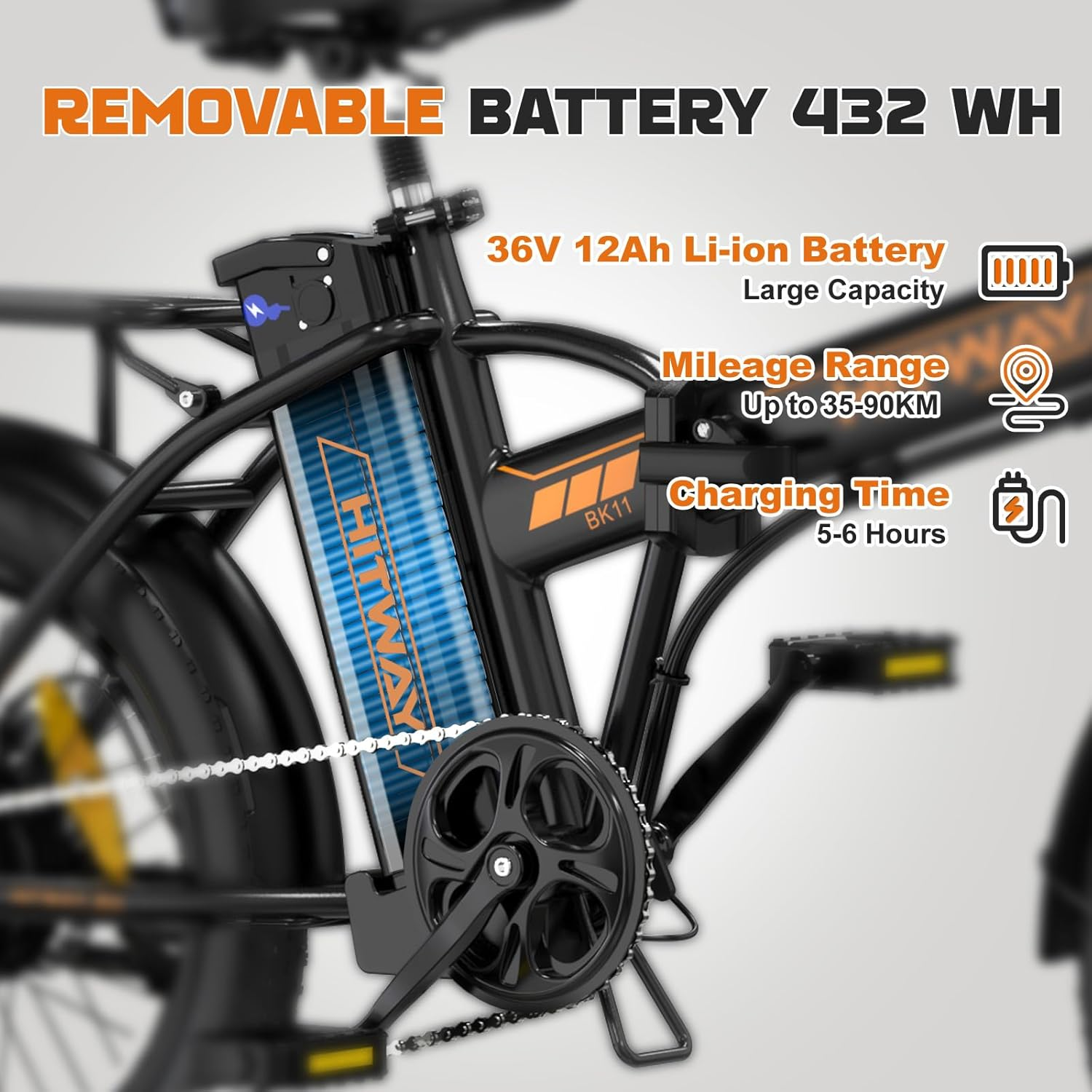Czarny rower z akumulatorem. Tekst mówi 'Removable Battery 432 WH', '36V 12Ah Li-ion Battery' i 'Charging Time'.