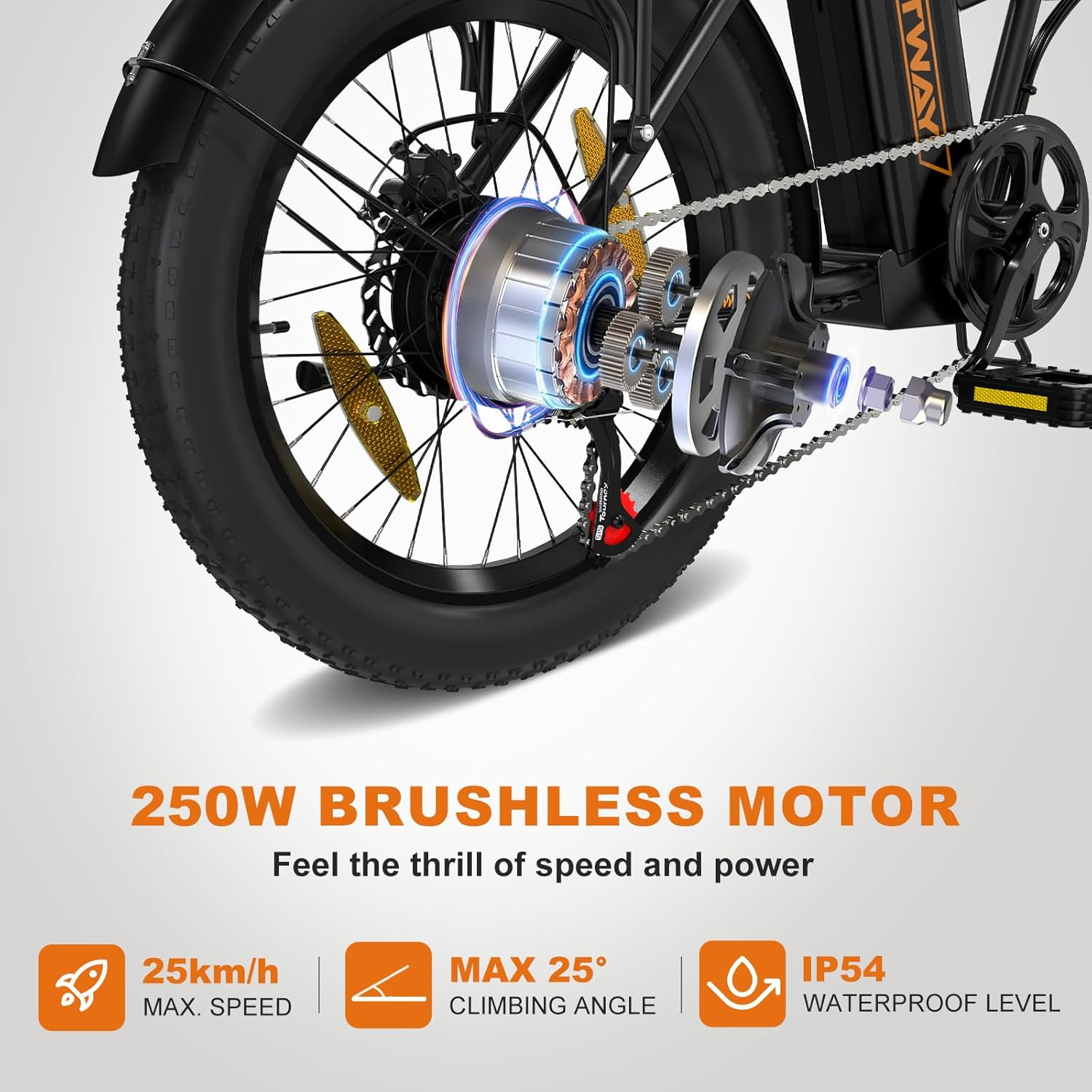 Koło roweru elektrycznego pokazujące silnik i przekładnie. Tekst: Silnik bezszczotkowy 250W, 25km/h.