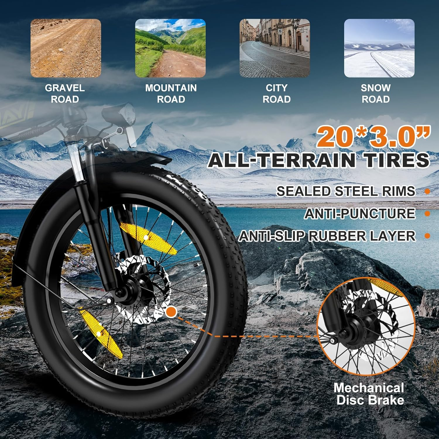 Czarny i srebrny rower z grubymi oponami ze szczegółowymi elementami, krajobraz w tle.