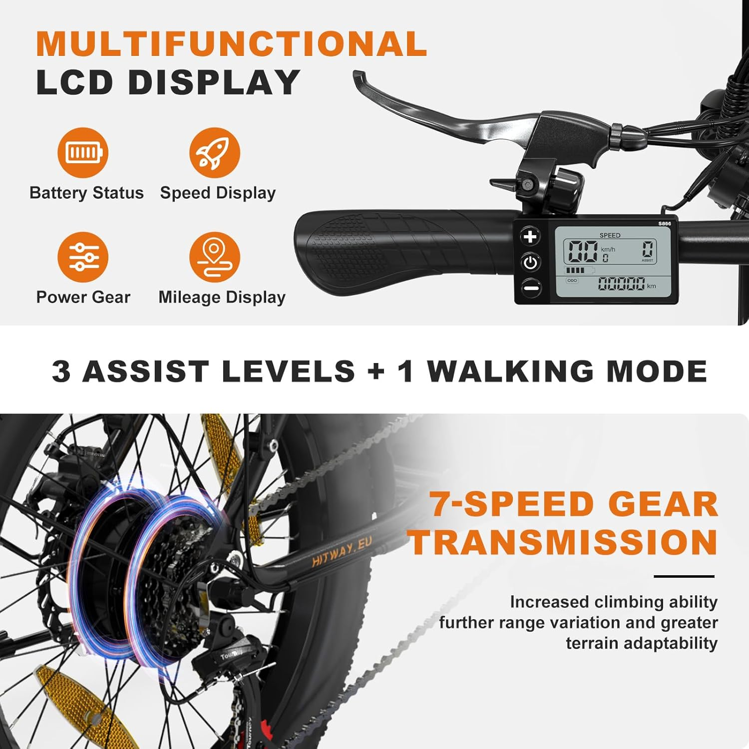 Wyświetlacz roweru z baterią, prędkością i przebiegiem.